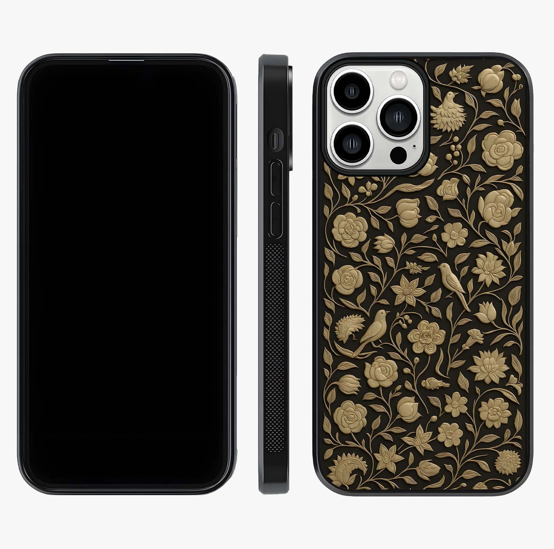 Golden Floral Majesty Glass Case displayed upright for full design visibility and premium finish.