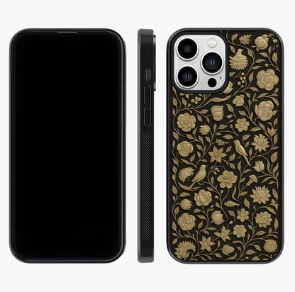 Golden Floral Majesty Glass Case displayed upright for full design visibility and premium finish.