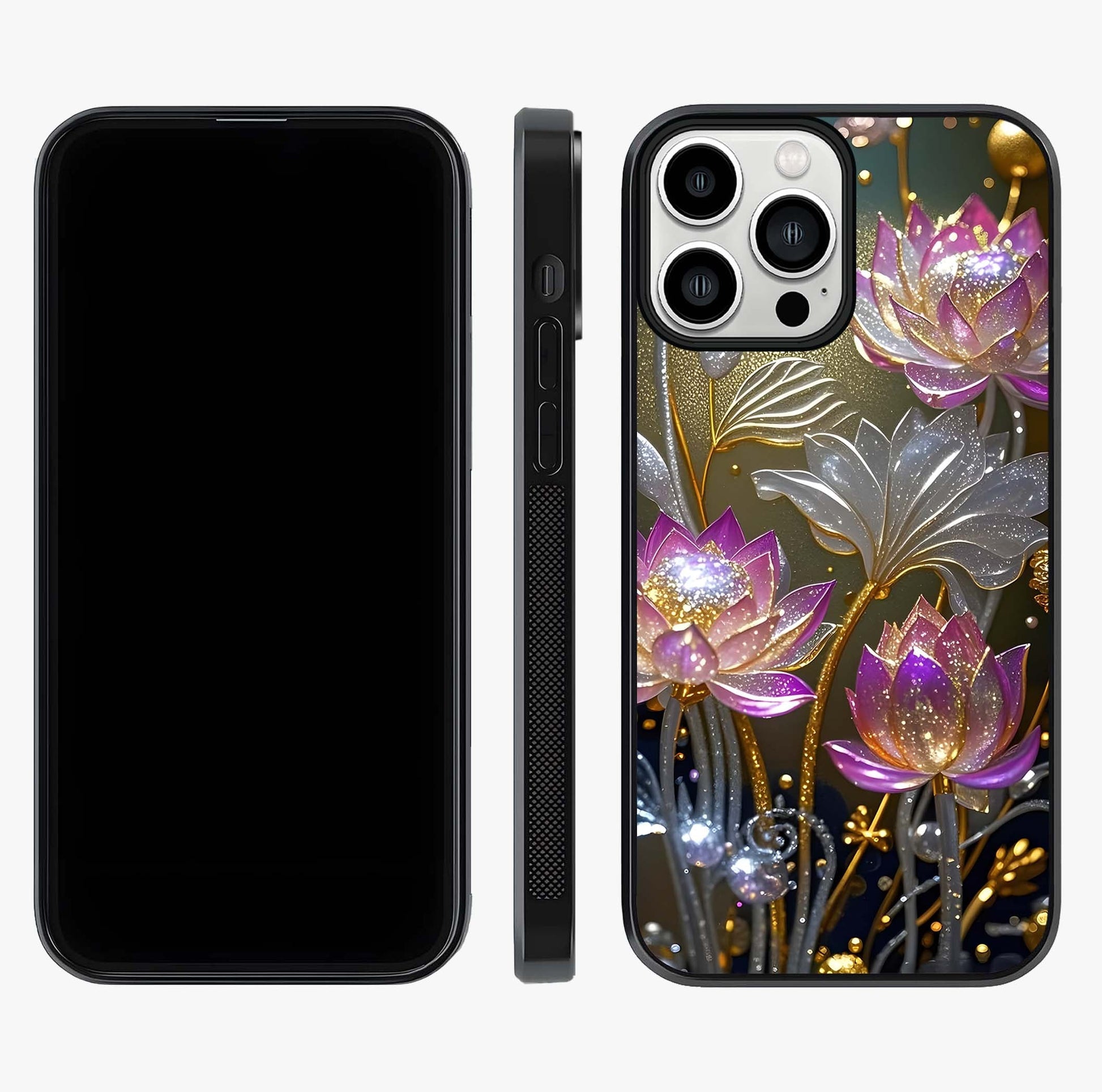 Golden Lotus Glow Glass Case displayed upright for full design visibility and premium finish.