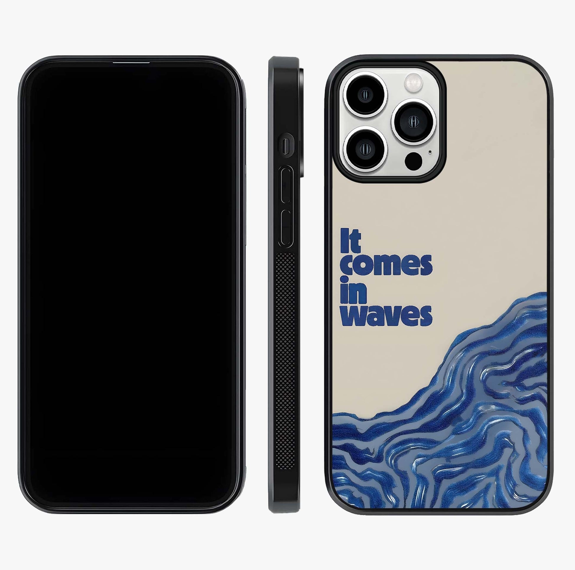 It Comes In Waves Quote Glass Case displayed upright for full design visibility and premium finish.