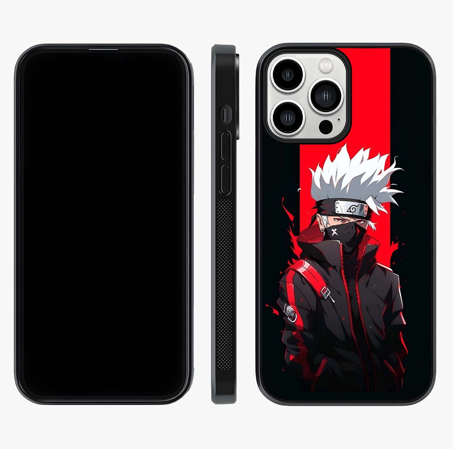 Kakashi Scarlet Shadow Glass Case displayed upright for full design visibility and premium finish.