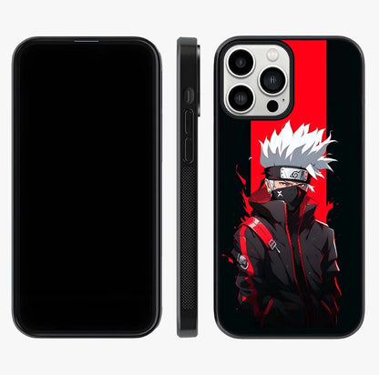 Kakashi Scarlet Shadow Glass Case displayed upright for full design visibility and premium finish.