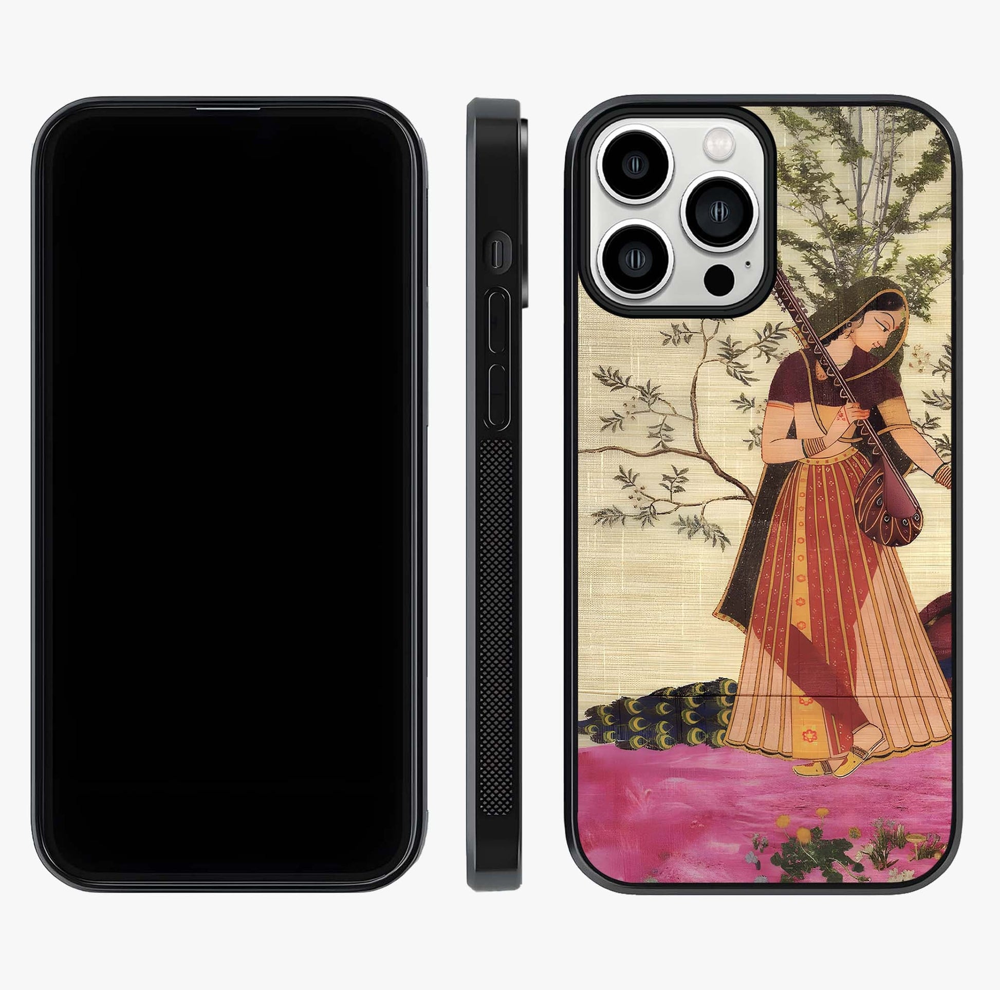 Lady With Veena Art Glass Case displayed upright for full design visibility and premium finish.