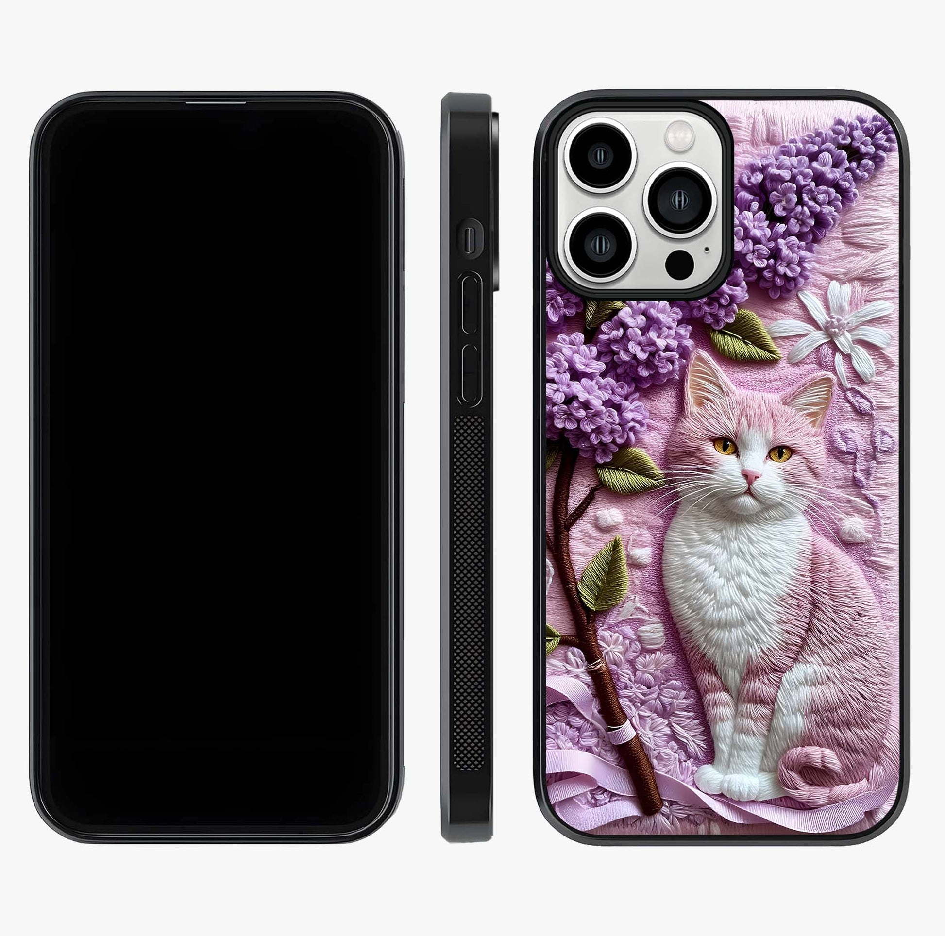 Lavender Cat Whimsy Glass Case displayed upright for full design visibility and premium finish.