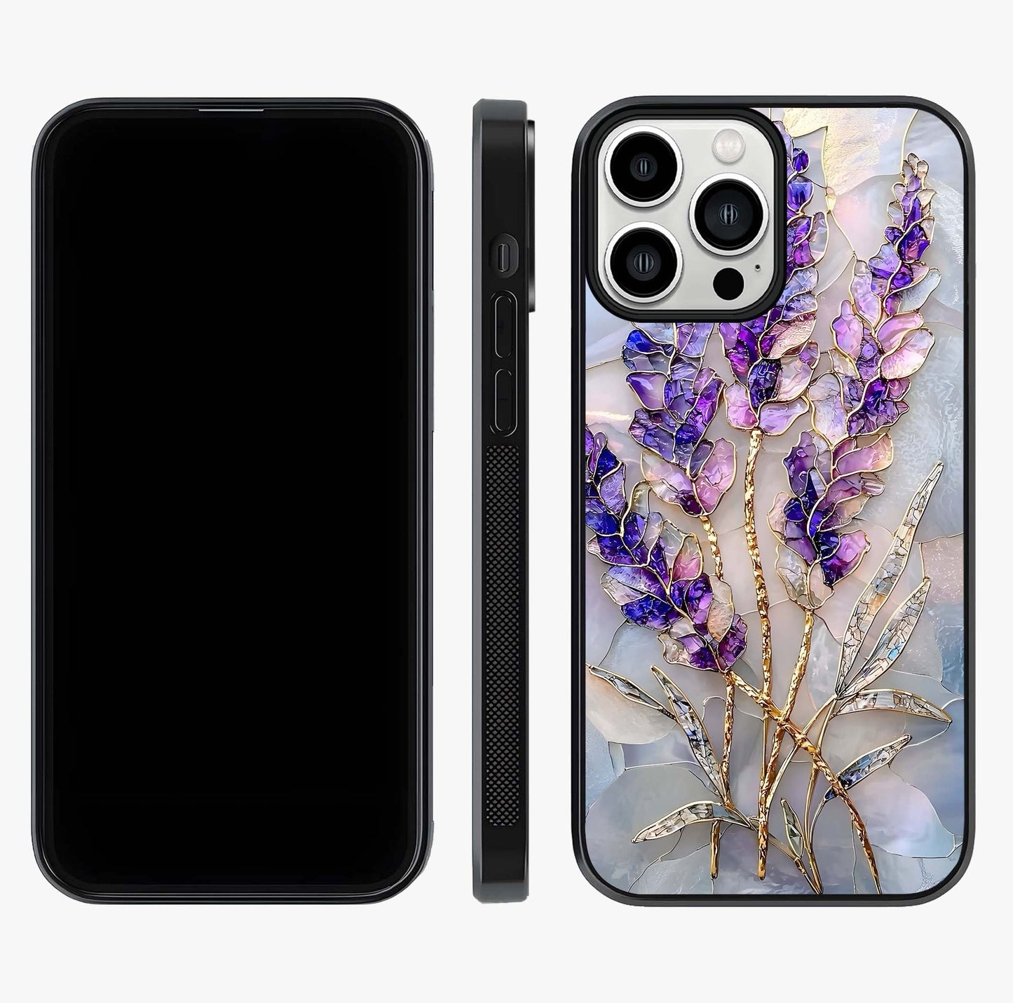 Lavender Dream Glow Glass Case displayed upright for full design visibility and premium finish.