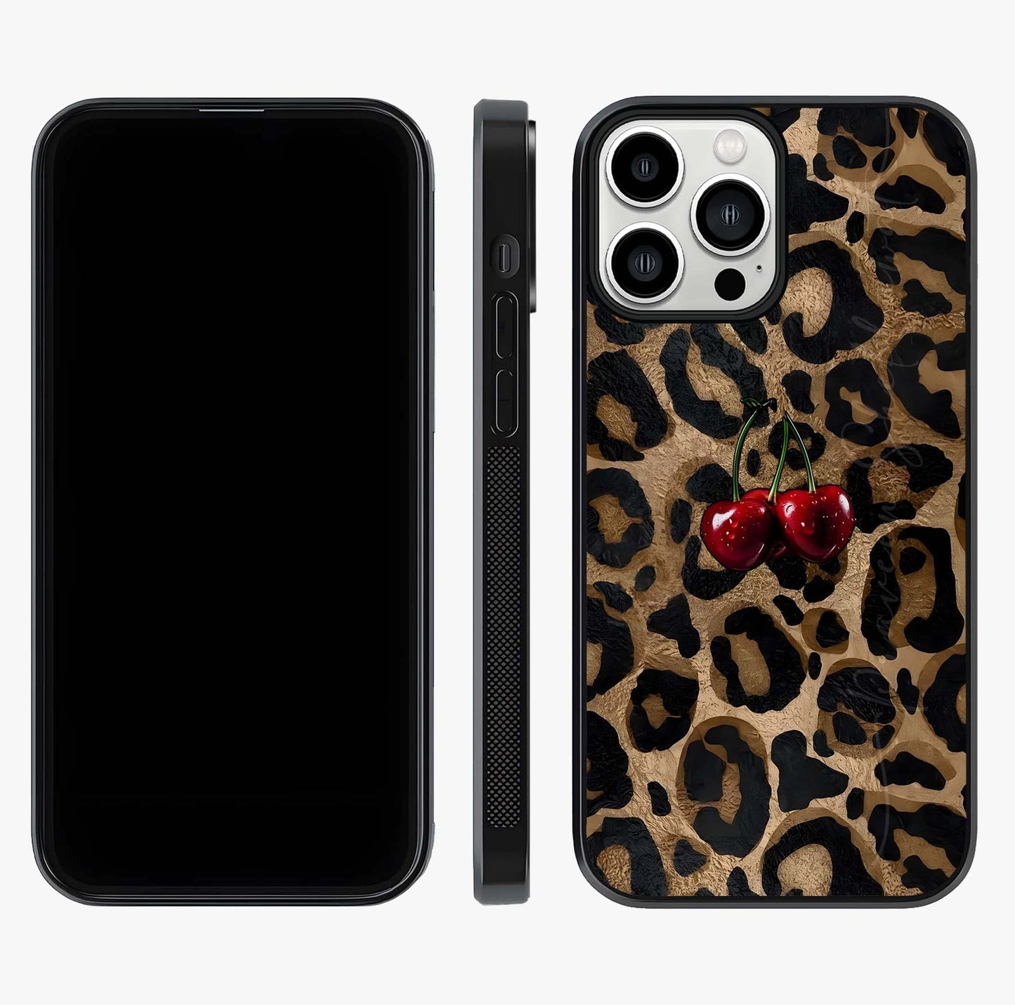Leopard Wild Cherry Glass Case displayed upright for full design visibility and premium finish.