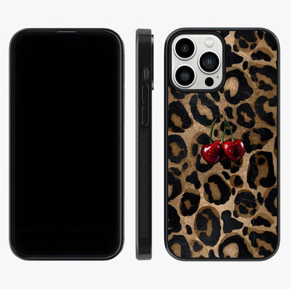 Leopard Wild Cherry Glass Case displayed upright for full design visibility and premium finish.