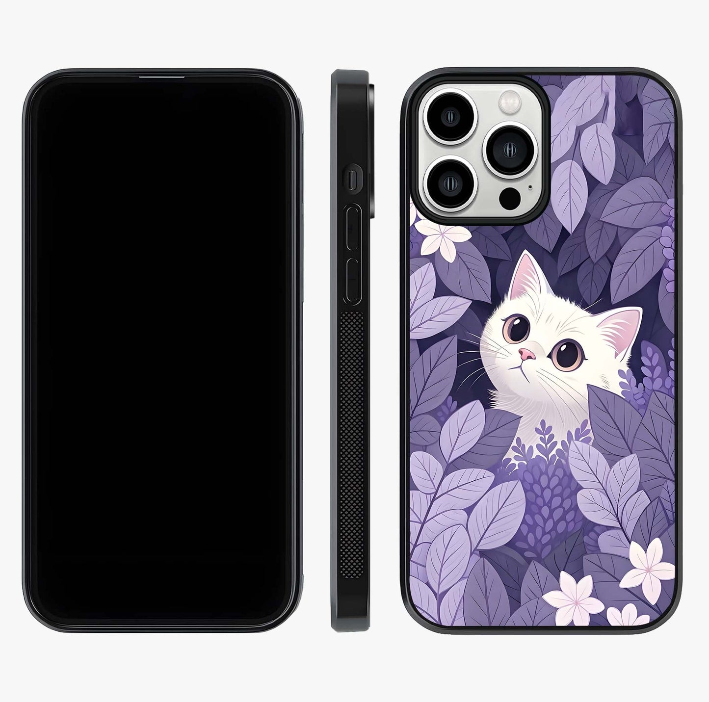 Lilac Hide Peek Cat Glass Case displayed upright for full design visibility and premium finish.