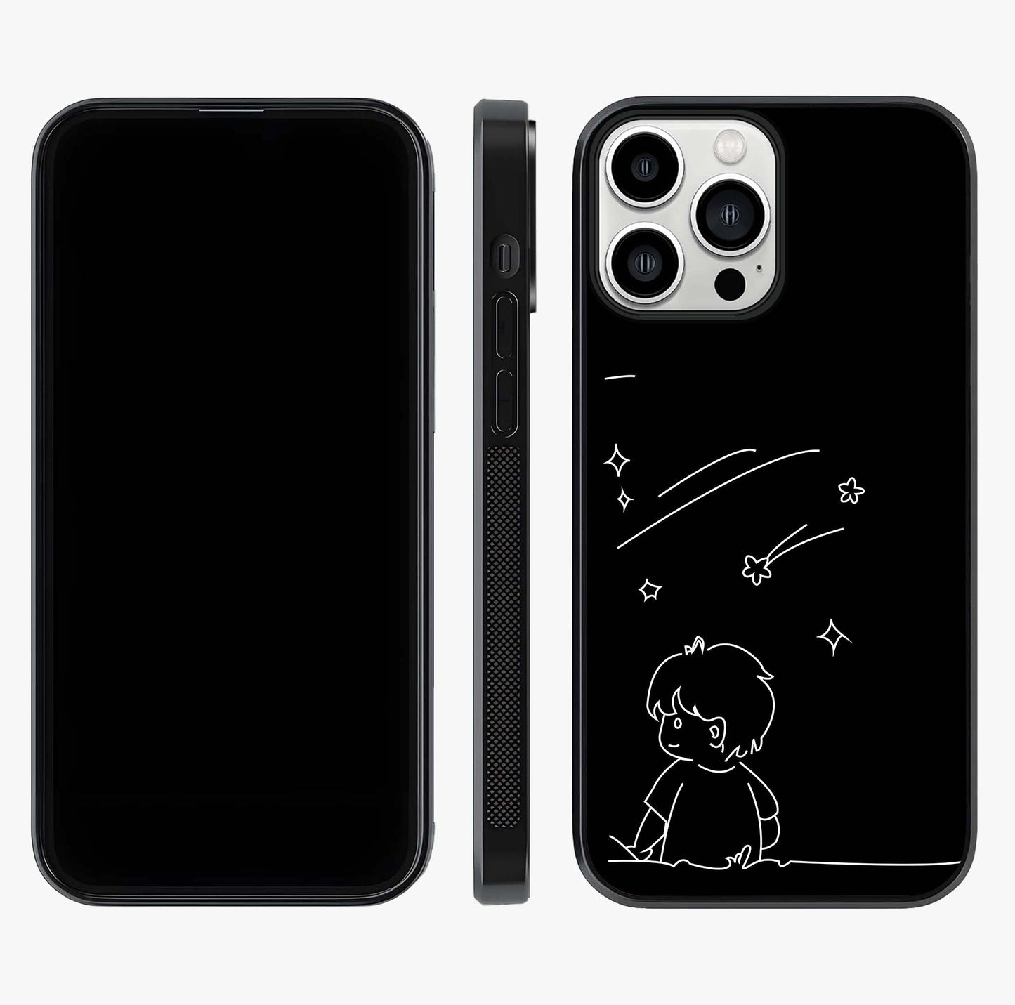 Line Art Boy With Shooting Stars Glass Case displayed upright for full design visibility and premium finish.