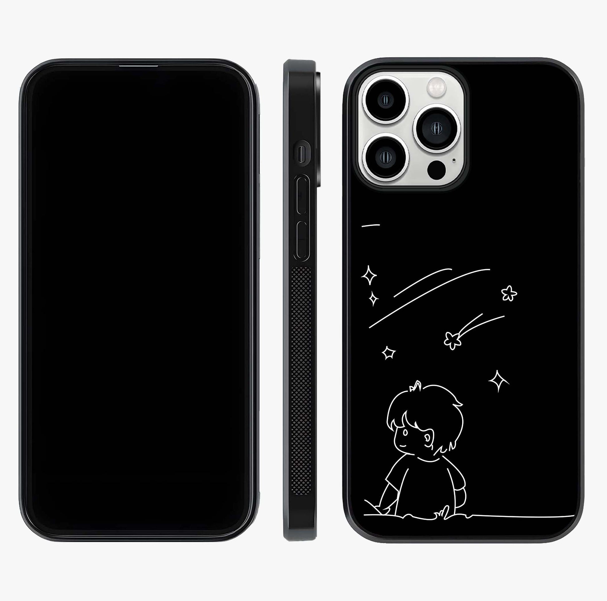 Line Art Boy With Shooting Stars Glass Case displayed upright for full design visibility and premium finish.