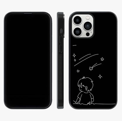 Line Art Boy With Shooting Stars Glass Case displayed upright for full design visibility and premium finish.