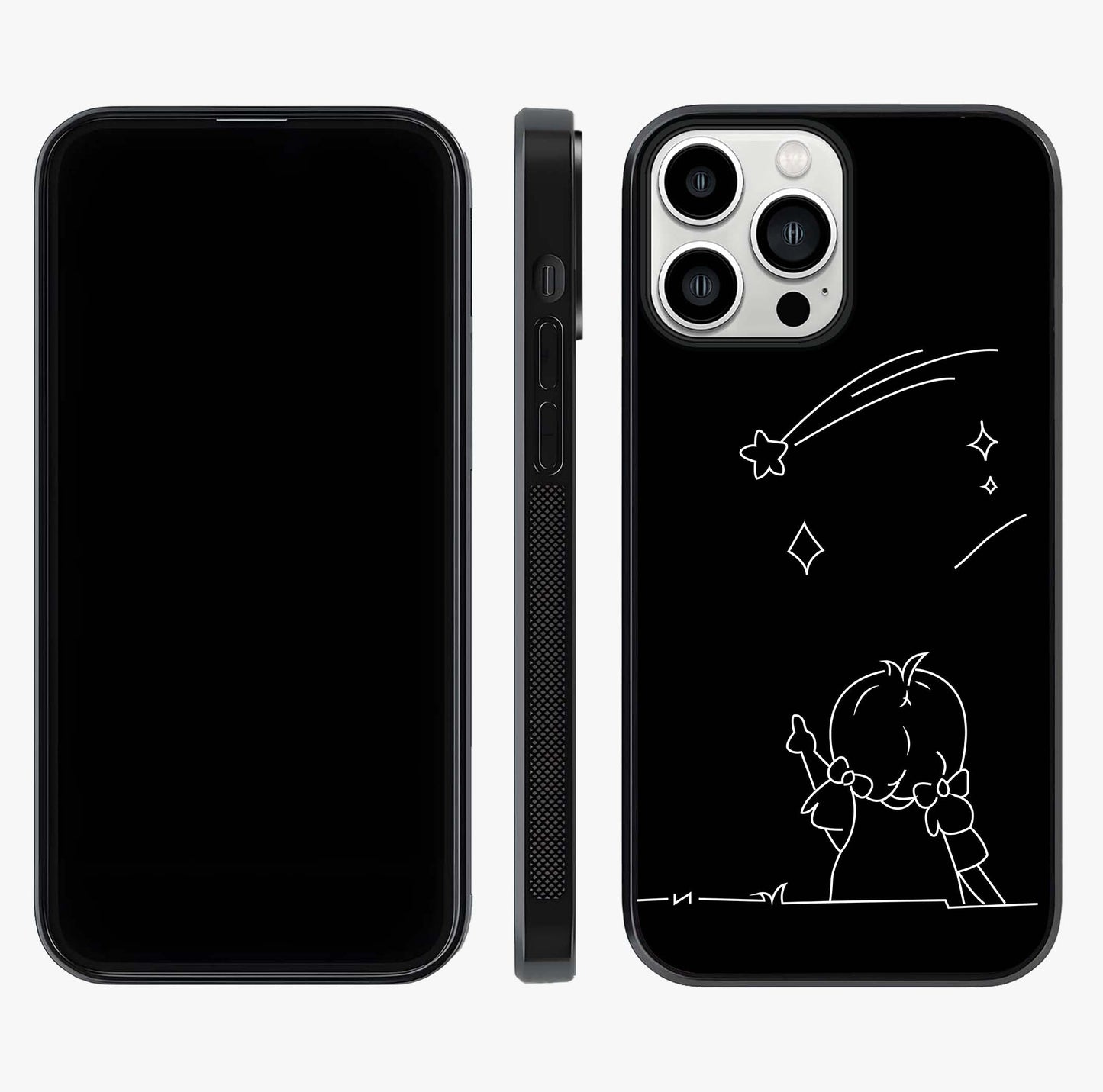 Line Art Girl With Shooting Stars Glass Case displayed upright for full design visibility and premium finish.