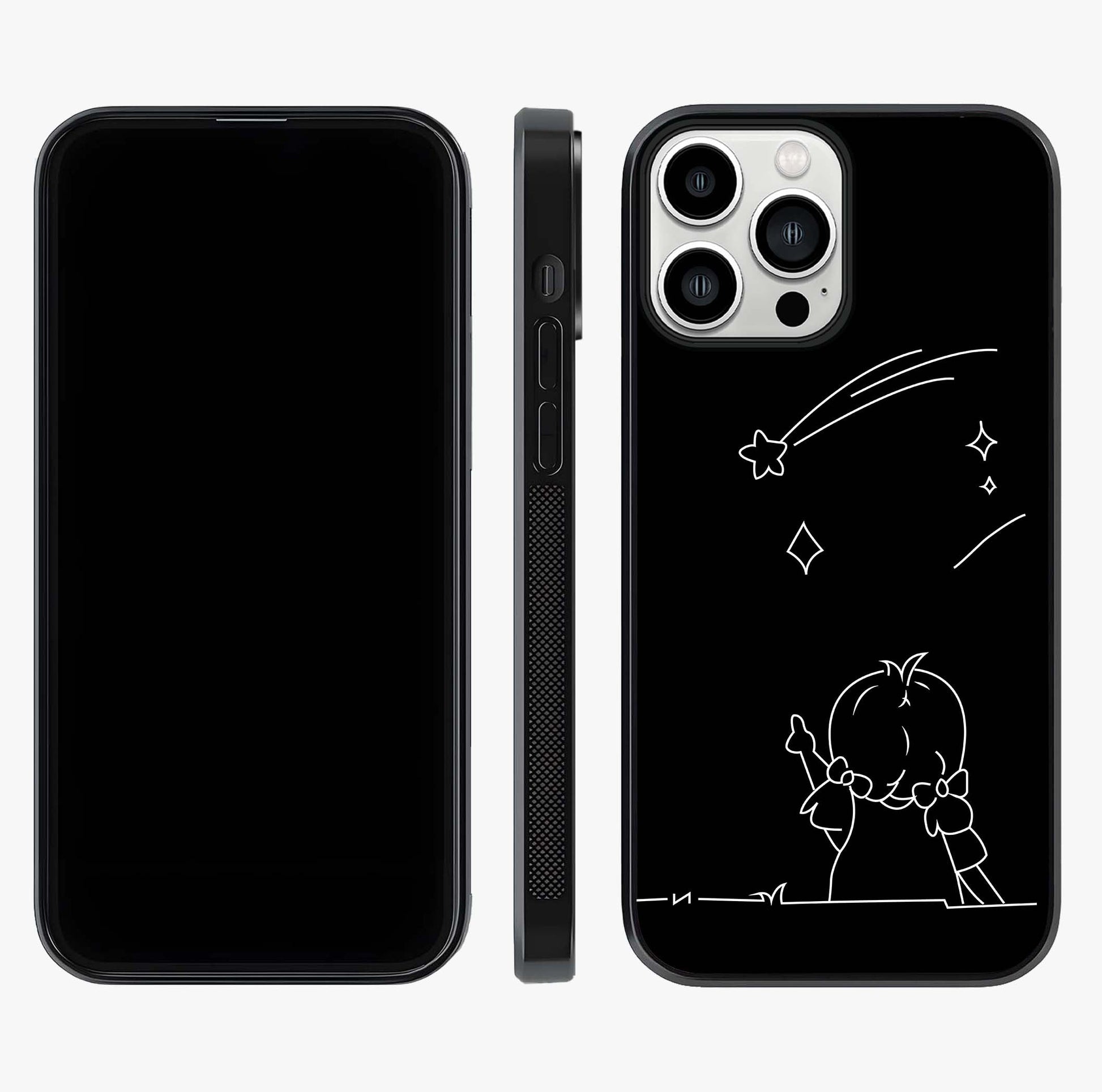 Line Art Girl With Shooting Stars Glass Case displayed upright for full design visibility and premium finish.