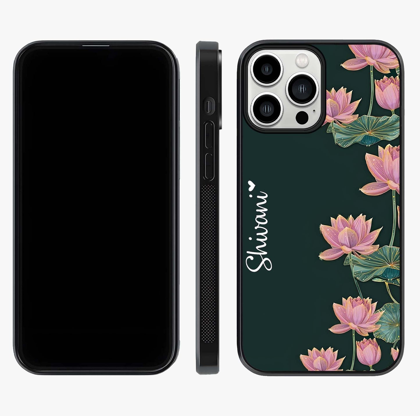 Lotus Bloom Serenity Custom Name Glass Case displayed upright for full design visibility and premium finish.