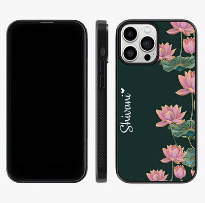 Lotus Bloom Serenity Custom Name Glass Case displayed upright for full design visibility and premium finish.
