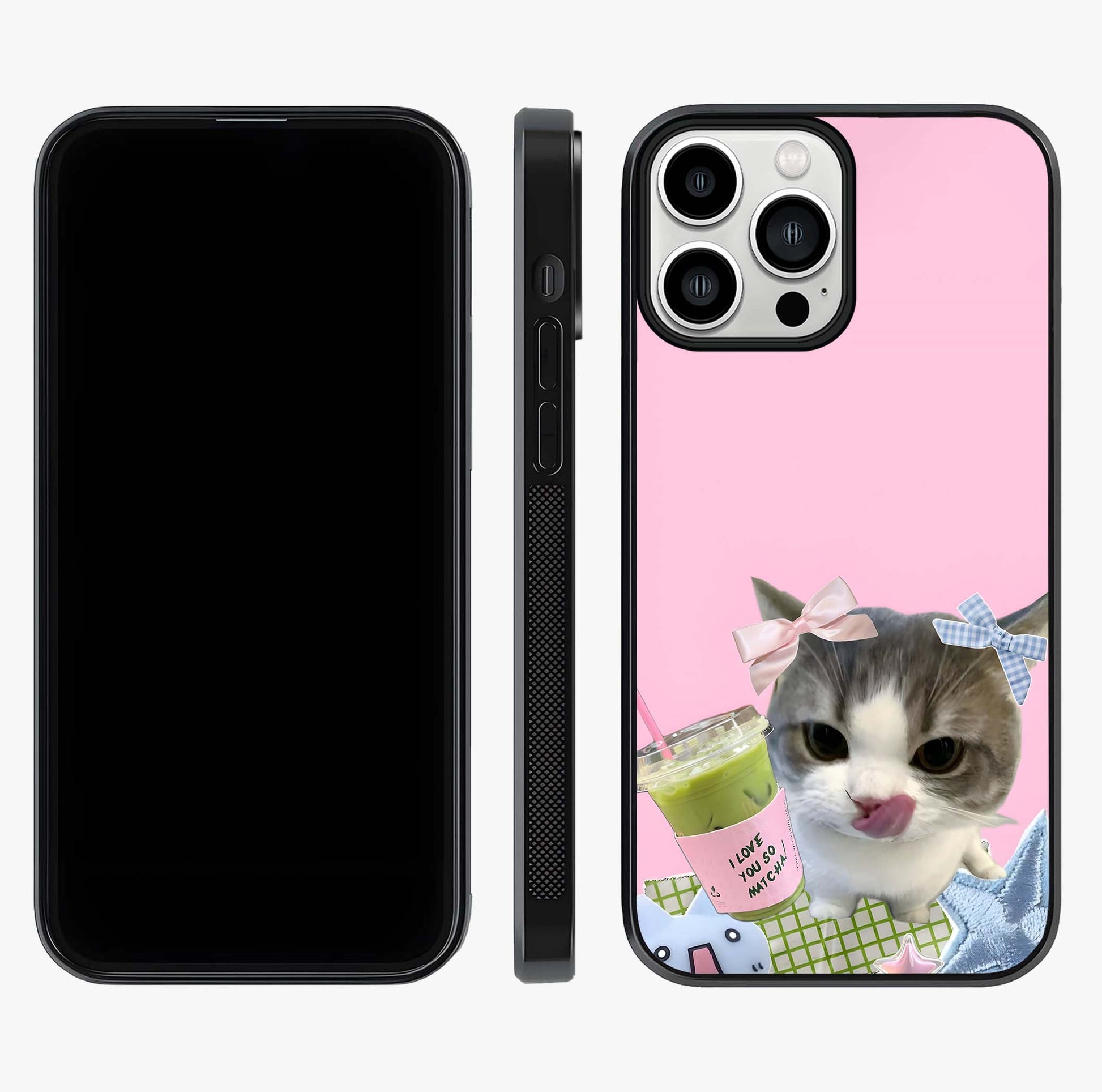 Love Matcha Cat Glass Case displayed upright for full design visibility and premium finish.