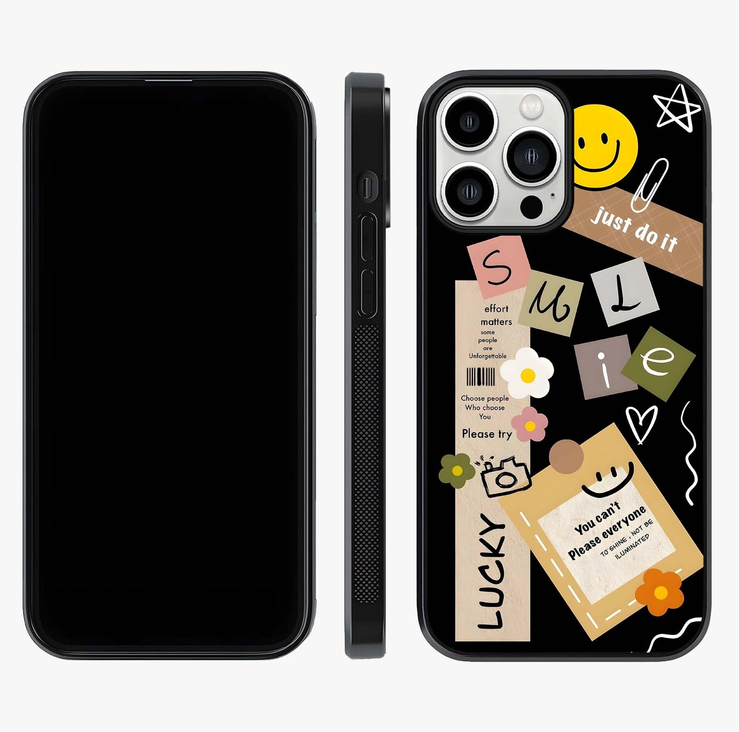 Lucky Aesthetic Collage Glass Case displayed upright for full design visibility and premium finish.