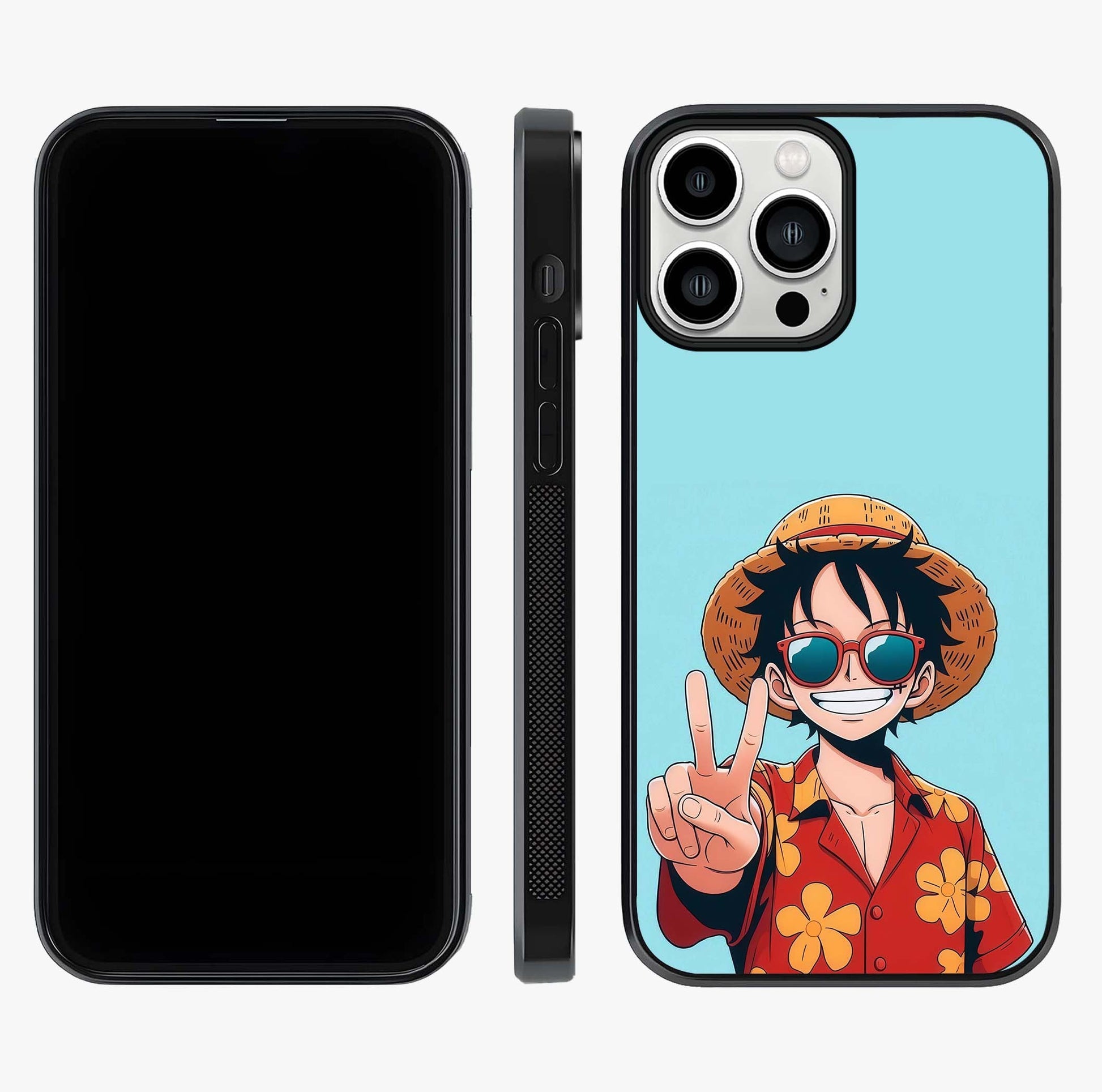 Luffy Summer Anime Vibe Glass Case displayed upright for full design visibility and premium finish.