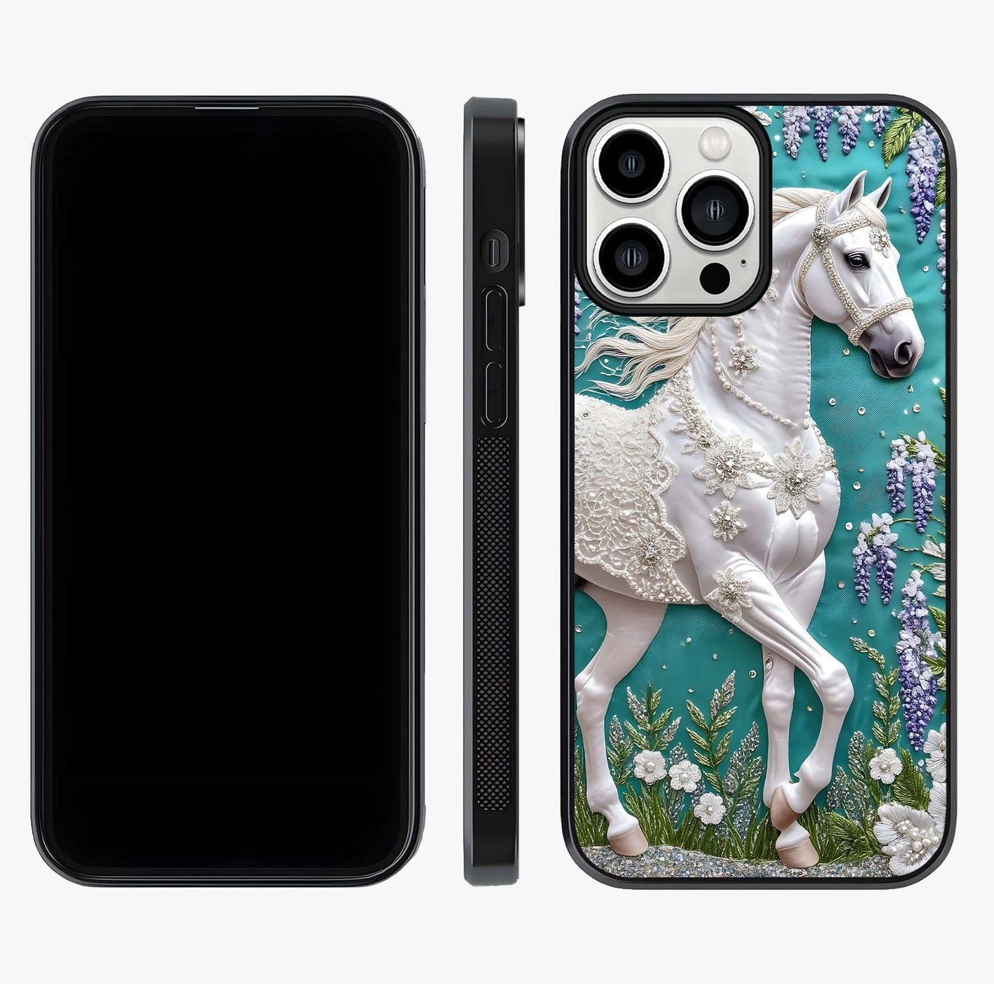 Majestic Floral Stallion Glass Case displayed upright for full design visibility and premium finish.