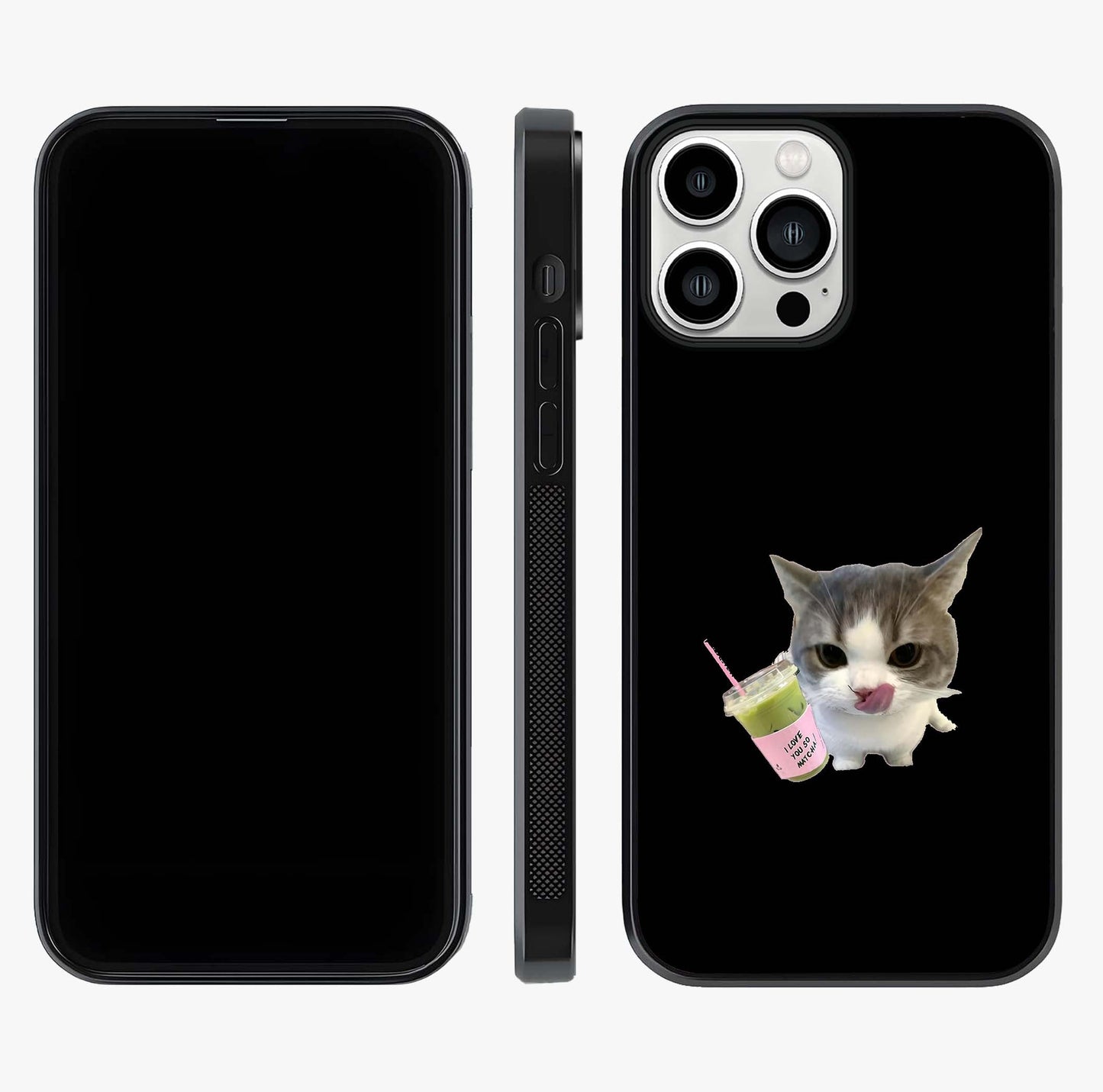 Matcha Cat Style Glass Case displayed upright for full design visibility and premium finish.