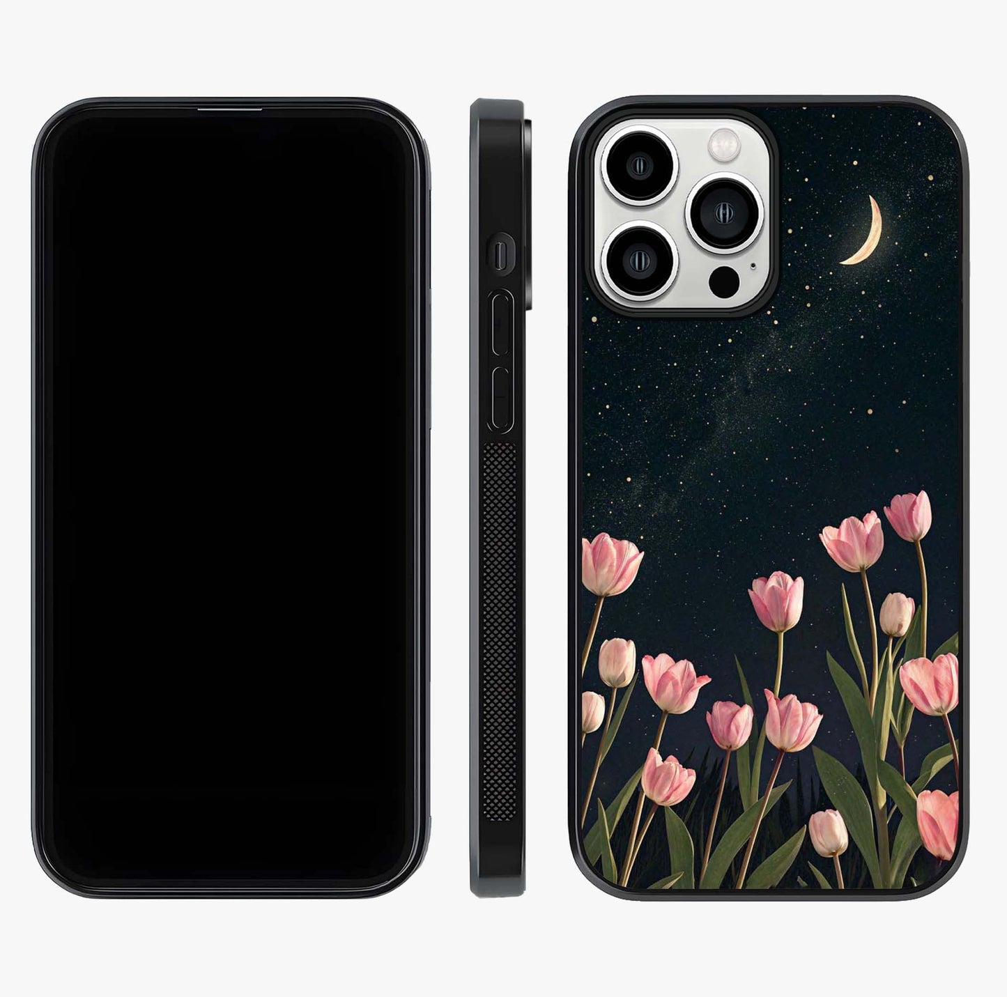 Midnight Tulip Whispers Vibe Glass Case displayed upright for full design visibility and premium finish.