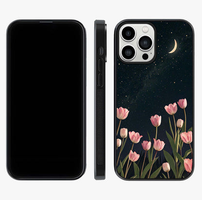 Midnight Tulip Whispers Vibe Glass Case displayed upright for full design visibility and premium finish.