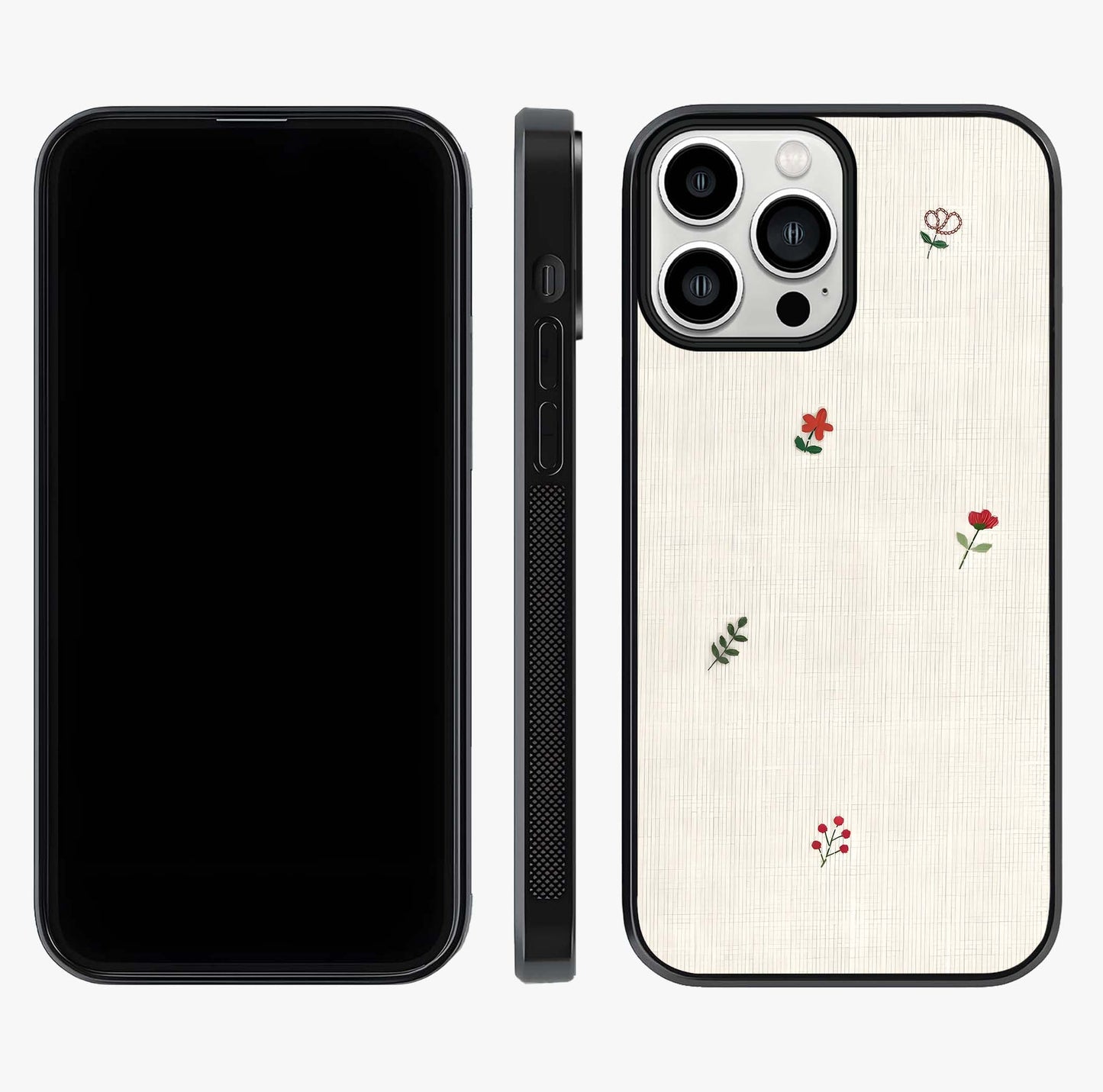 Minimal Petal Whispers Glass Case displayed upright for full design visibility and premium finish.