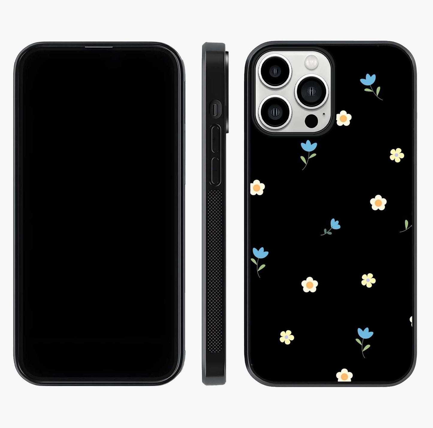Minimalistic Blue With White Flower Pattern Glass Case displayed upright for full design visibility and premium finish.