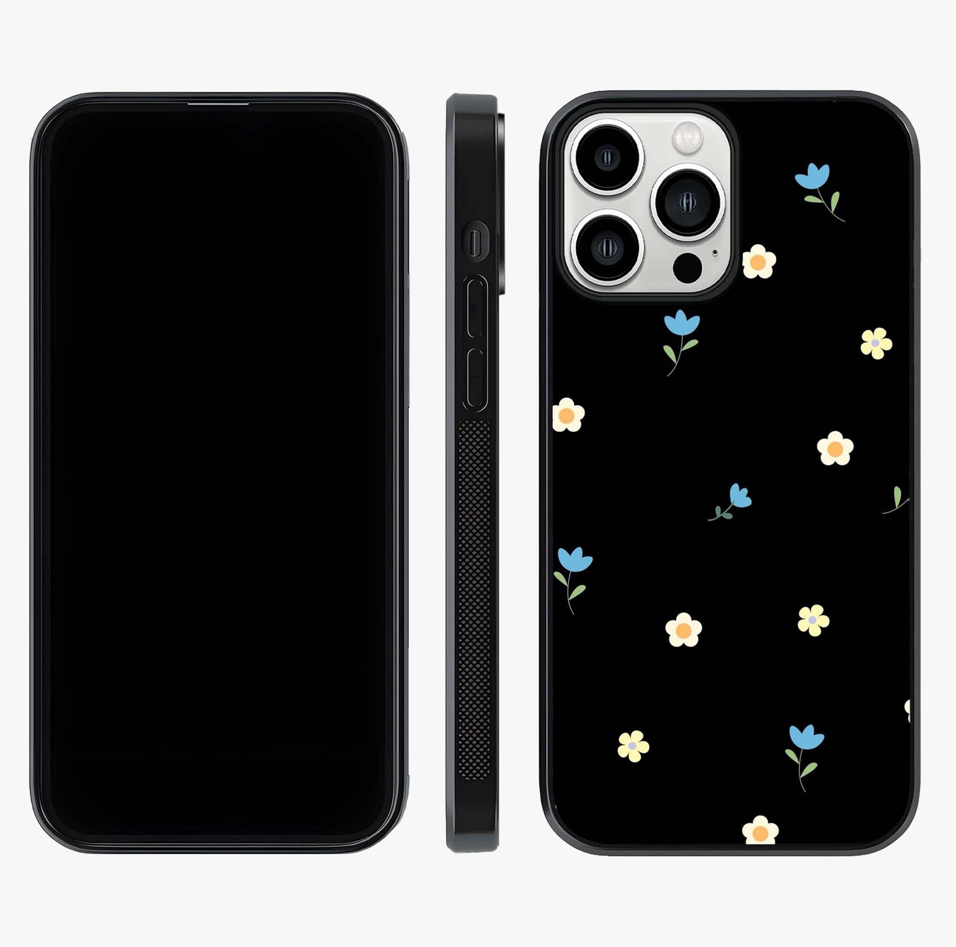 Minimalistic Blue With White Flower Pattern Glass Case displayed upright for full design visibility and premium finish.
