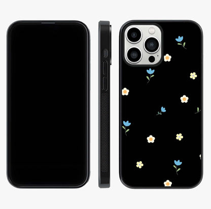 Minimalistic Blue With White Flower Pattern Glass Case displayed upright for full design visibility and premium finish.