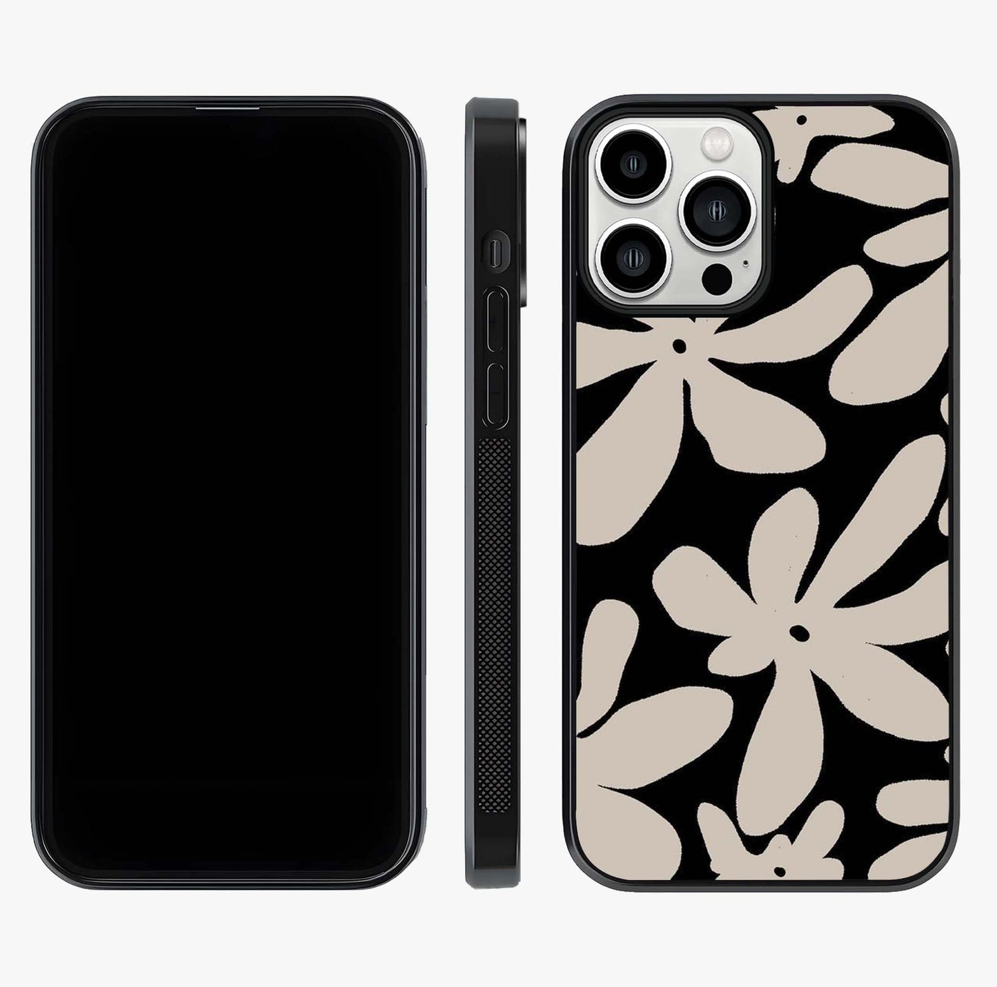 Monochrome Petal Dance Glass Case displayed upright for full design visibility and premium finish.