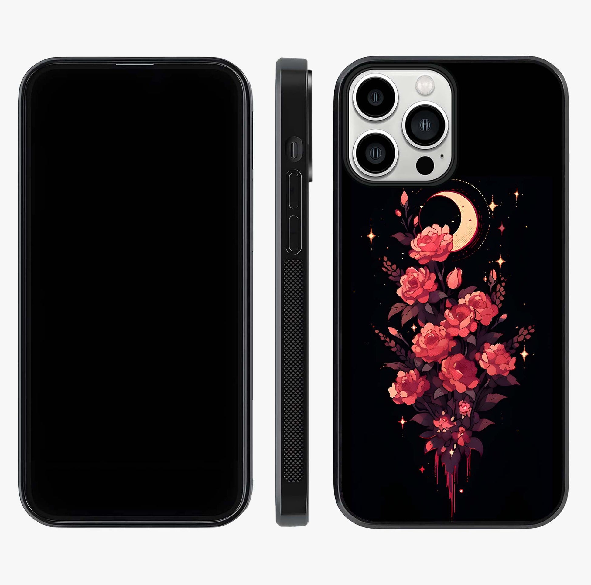 Moonlit Floral Elegance Glass Case displayed upright for full design visibility and premium finish.