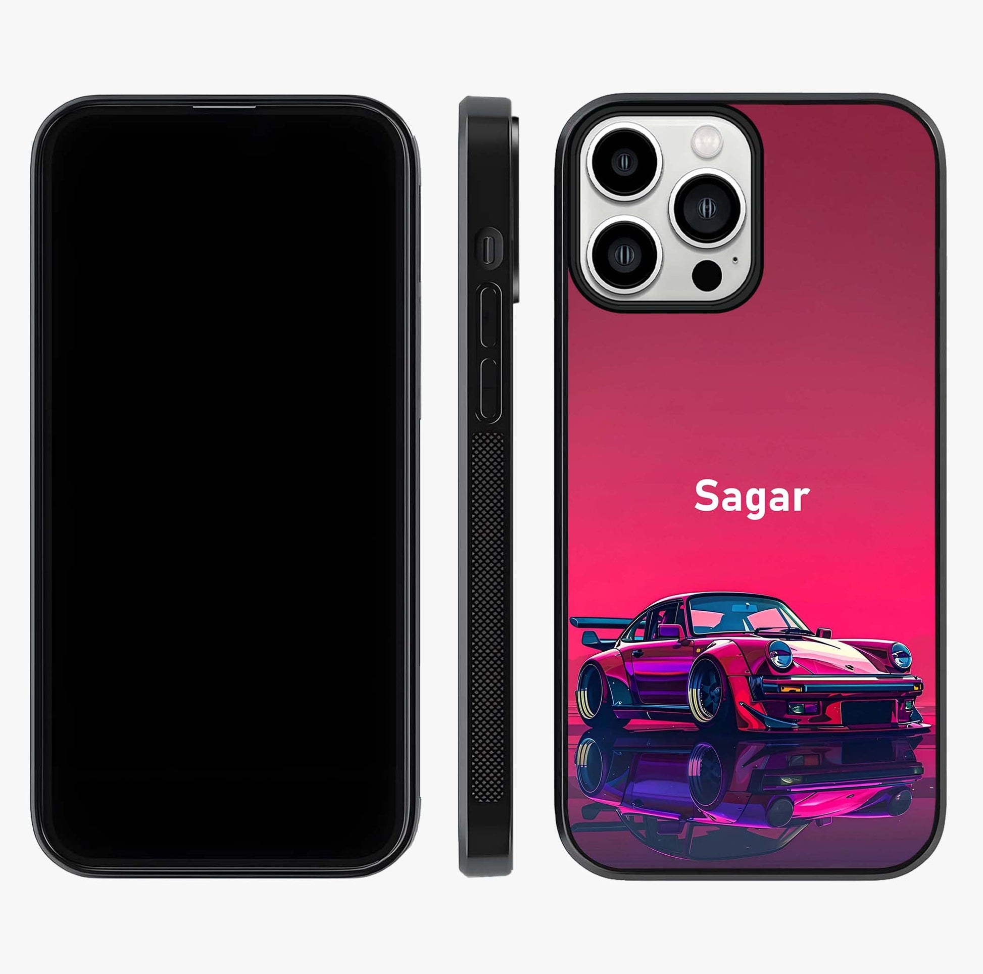 Neon Pink Porsche Glass Case displayed upright for full design visibility and premium finish.