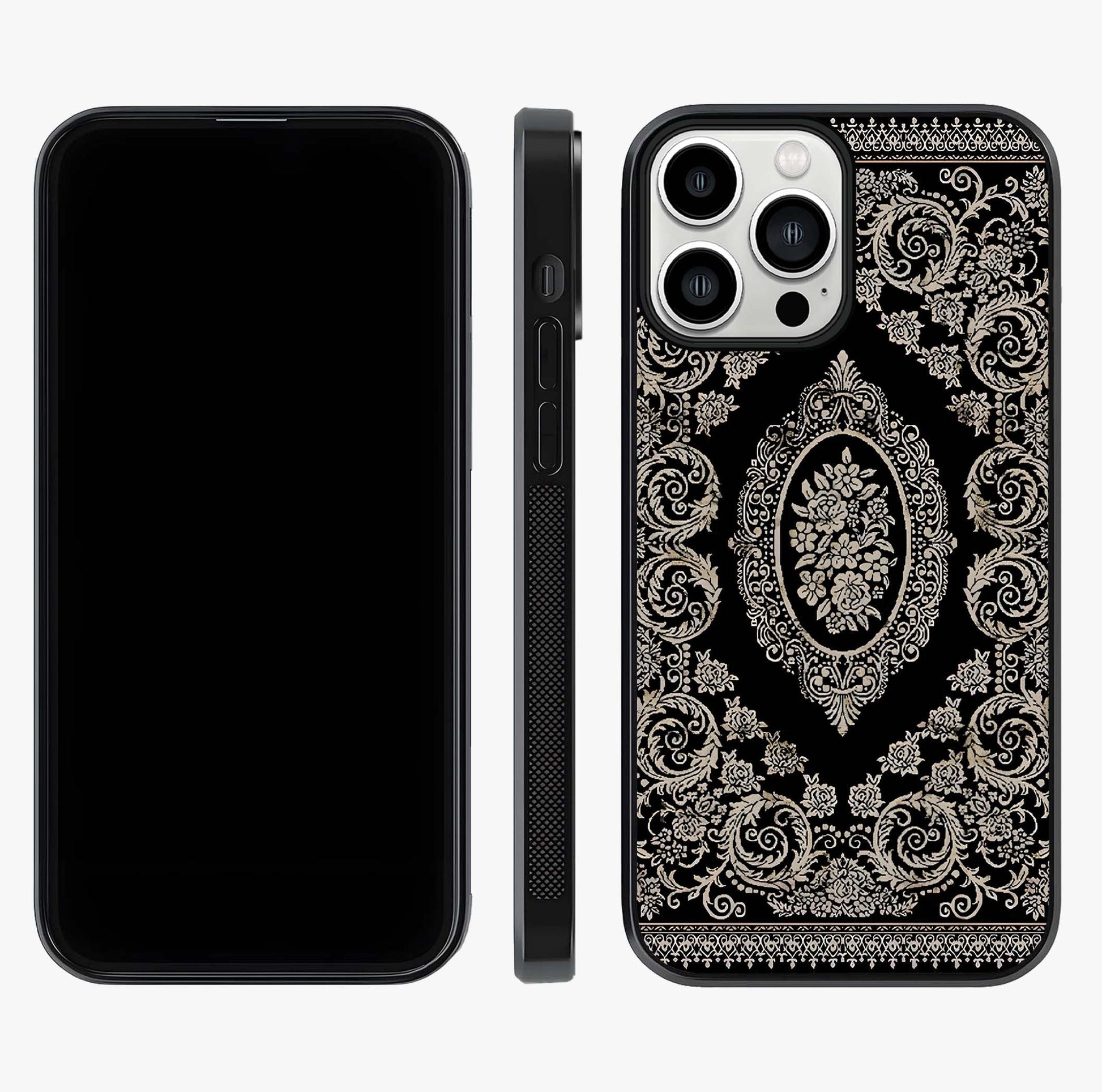 Noir Bloom Elegance Glass Case displayed upright for full design visibility and premium finish.
