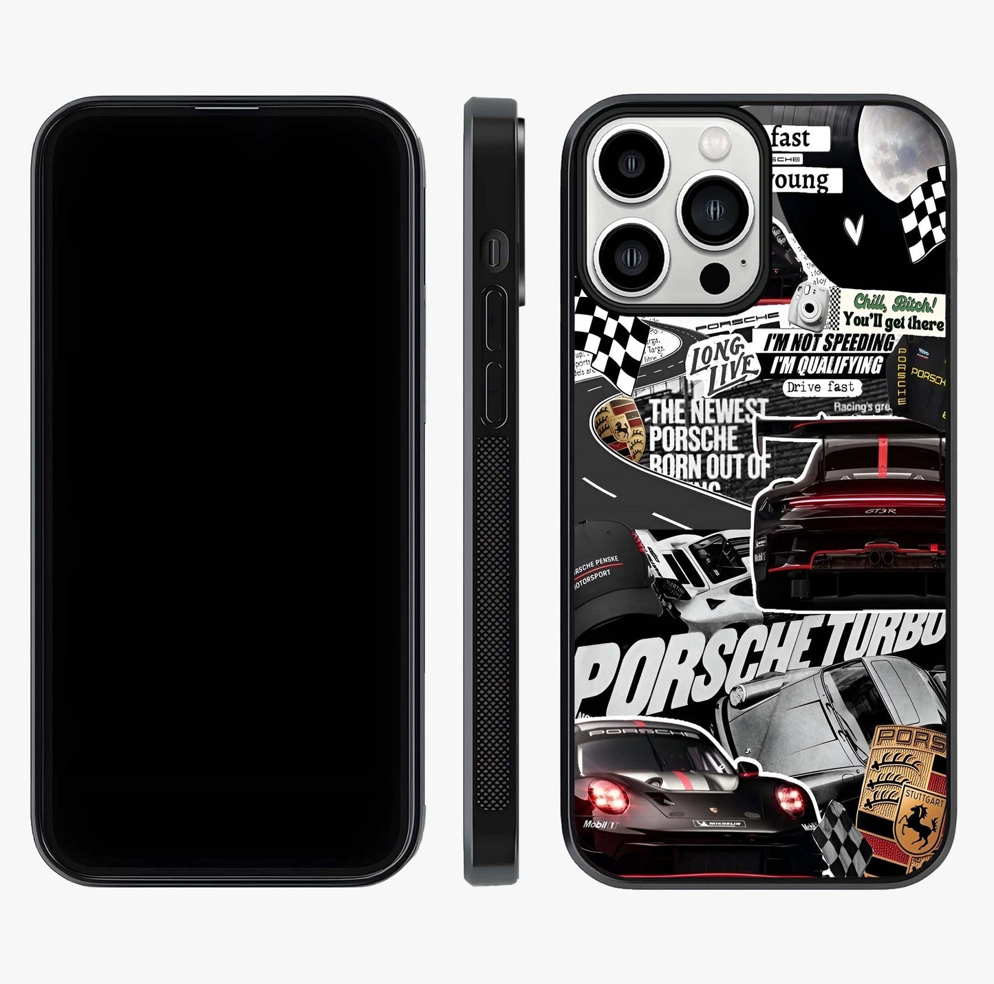 Porsche Racing Collage Glass Case displayed upright for full design visibility and premium finish.