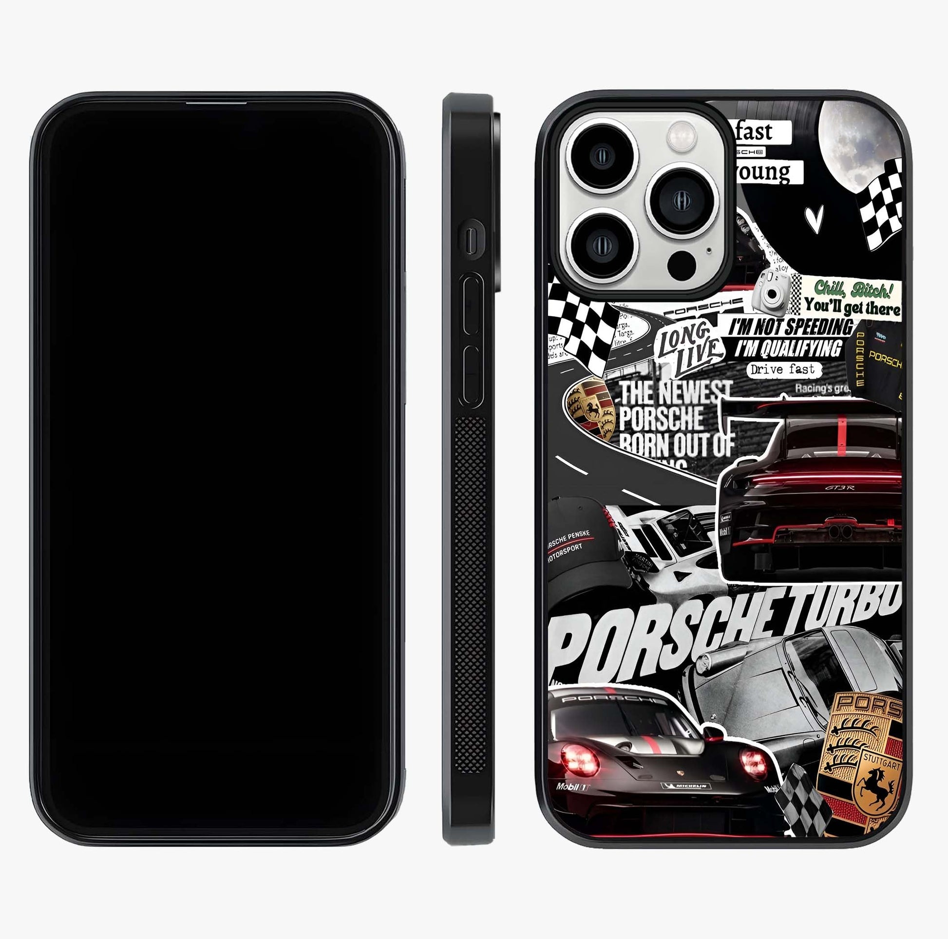 Porsche Racing Collage Glass Case displayed upright for full design visibility and premium finish.