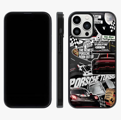 Porsche Racing Collage Glass Case displayed upright for full design visibility and premium finish.