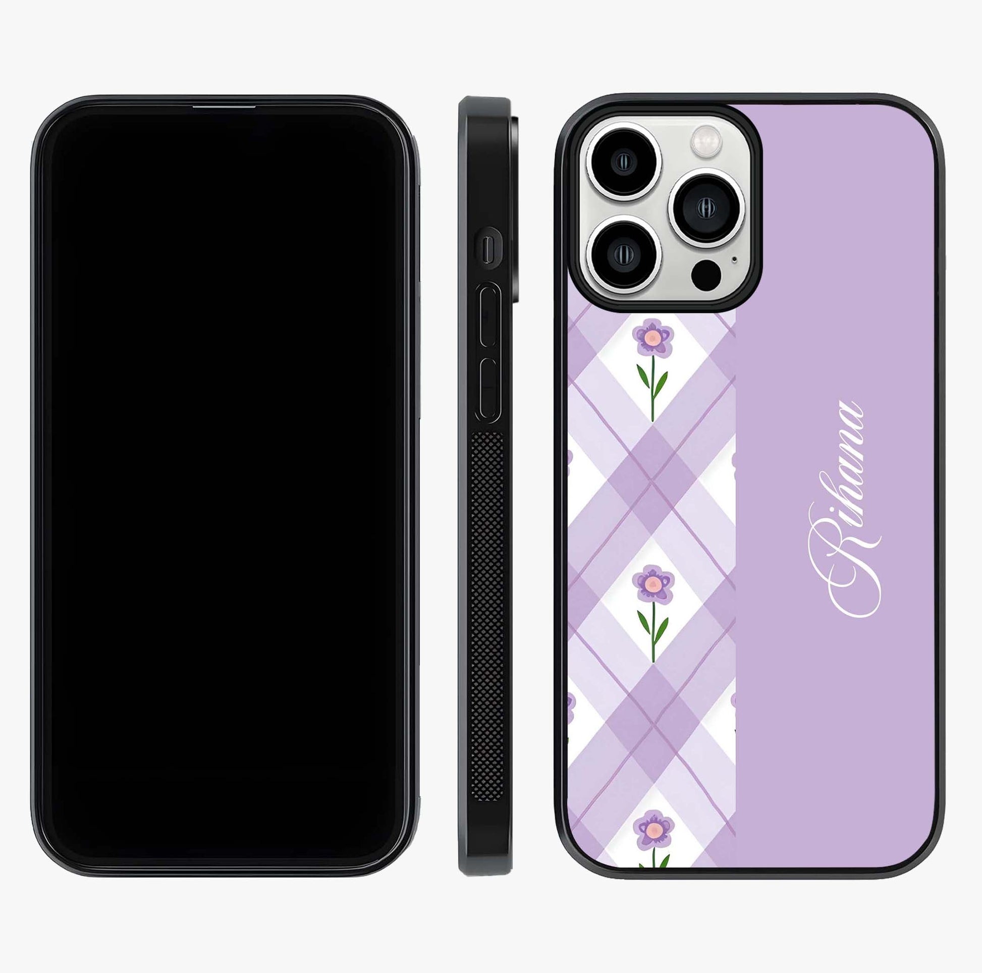 Purple Diamond Floral Glass Case displayed upright for full design visibility and premium finish.