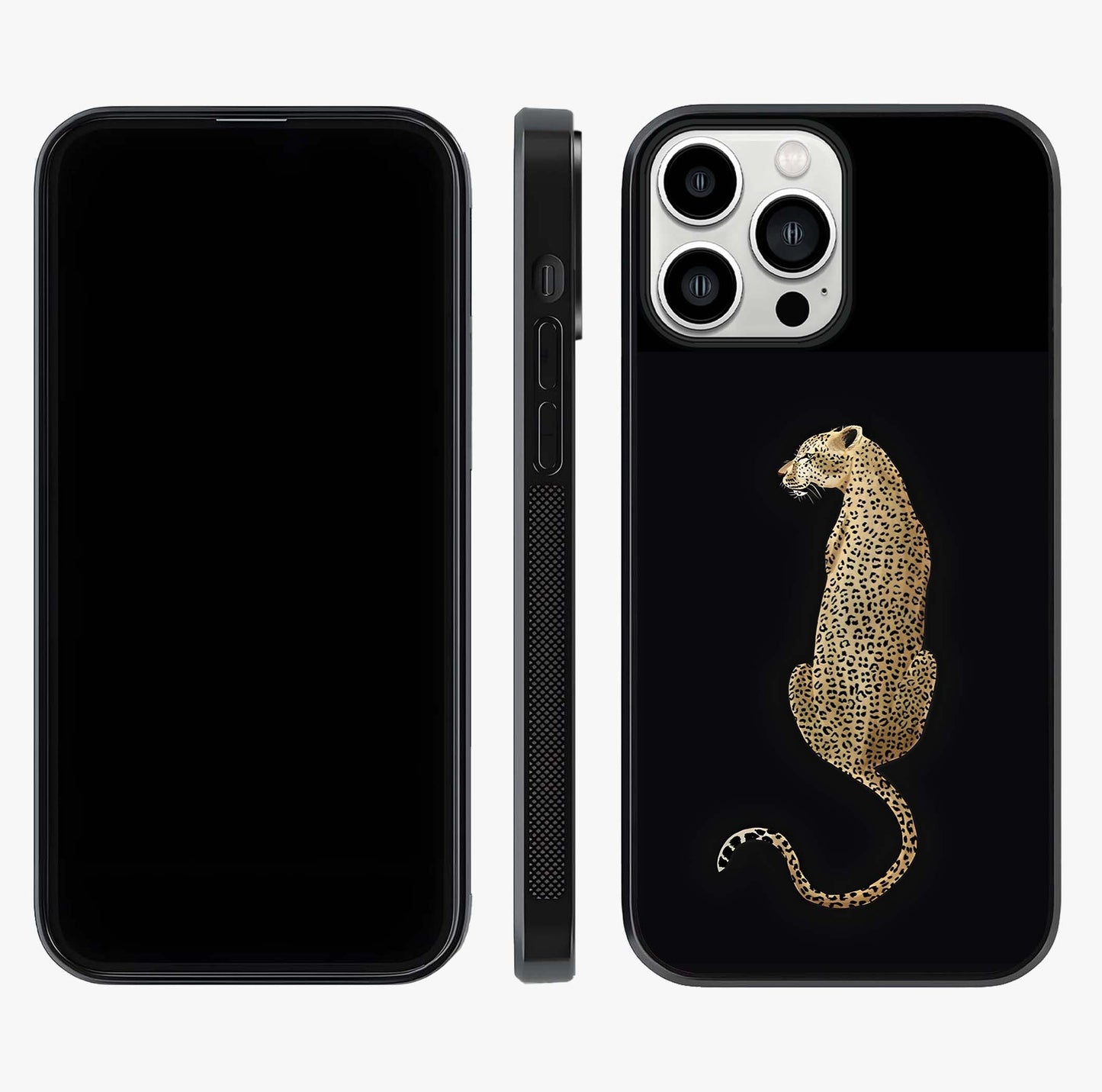 Regal Leopard Glass Case displayed upright for full design visibility and premium finish.