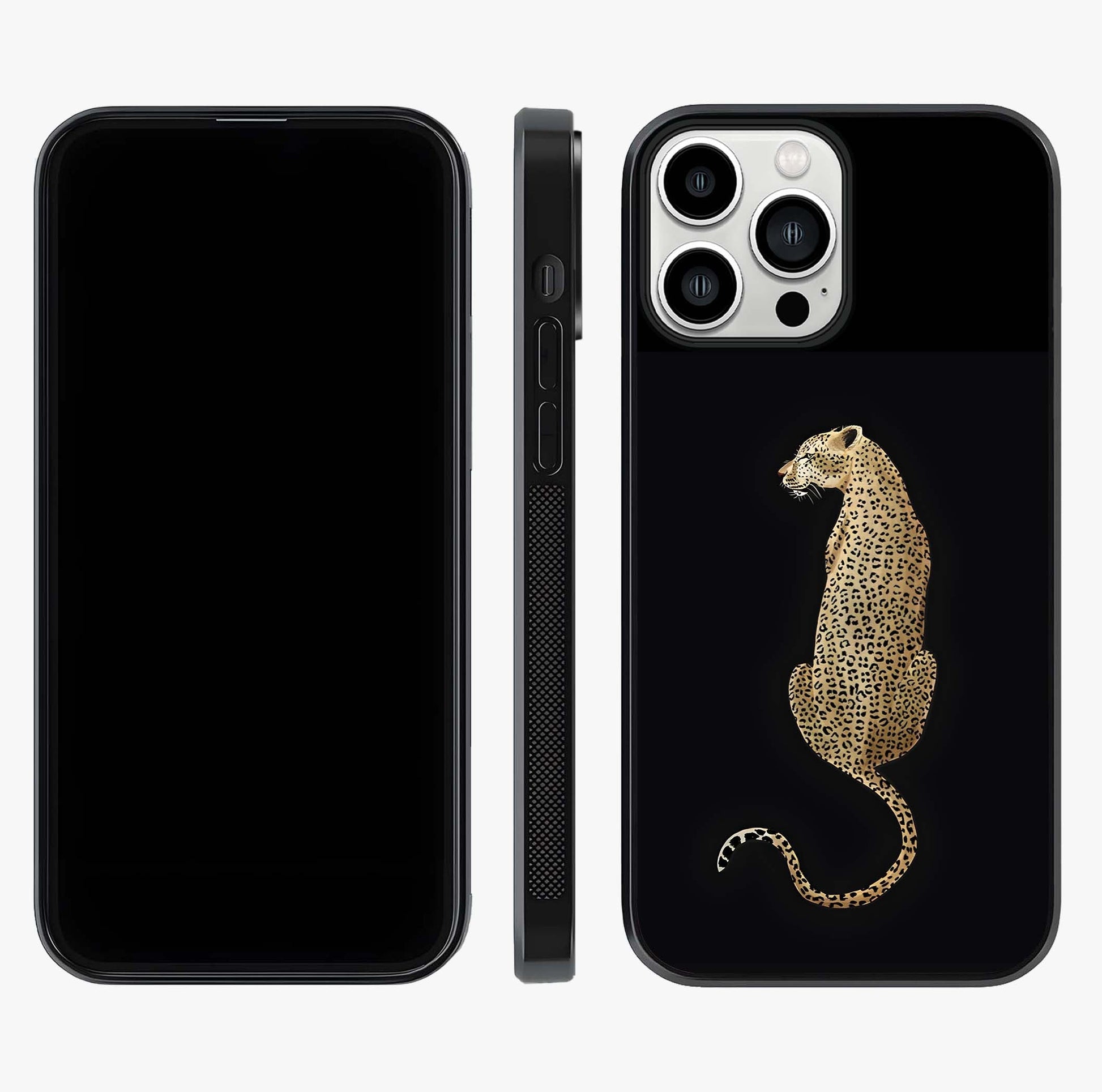 Regal Leopard Glass Case displayed upright for full design visibility and premium finish.