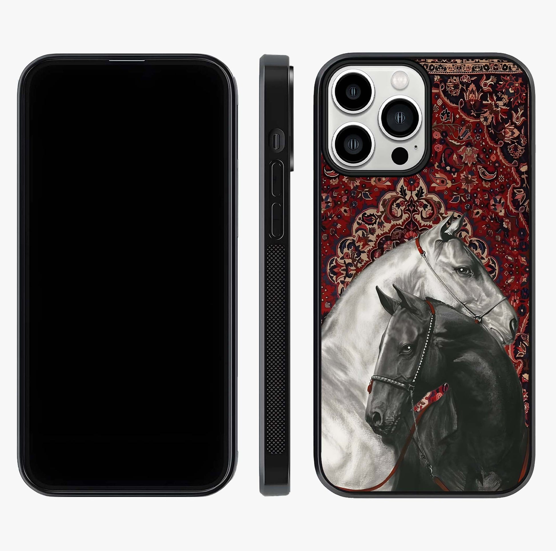 Regal Stallion Tapestry Glass Case displayed upright for full design visibility and premium finish.
