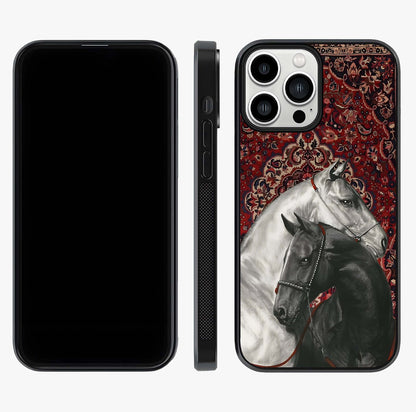 Regal Stallion Tapestry Glass Case displayed upright for full design visibility and premium finish.