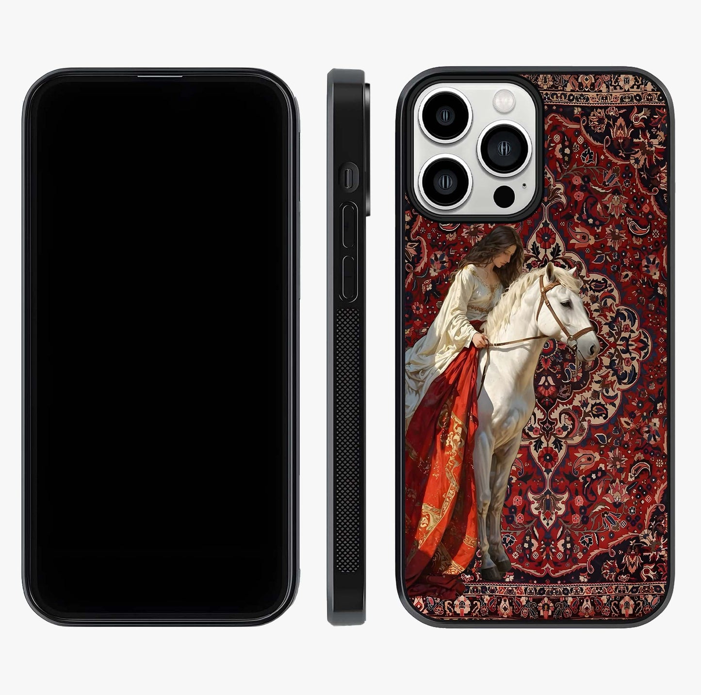 Royal Rider Tapestry Glass Case displayed upright for full design visibility and premium finish.