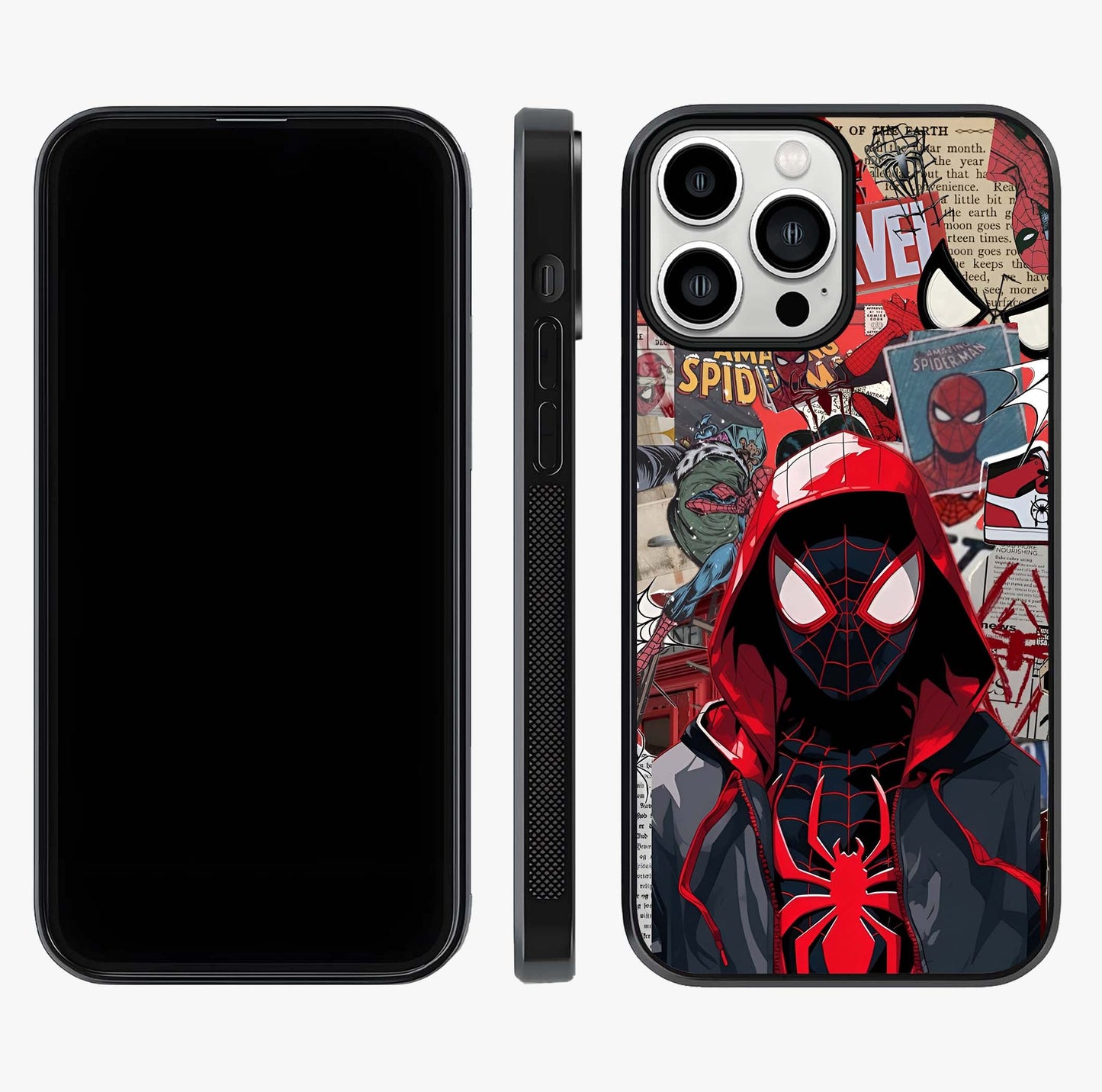 Spider Collage Street Glass Case displayed upright for full design visibility and premium finish.
