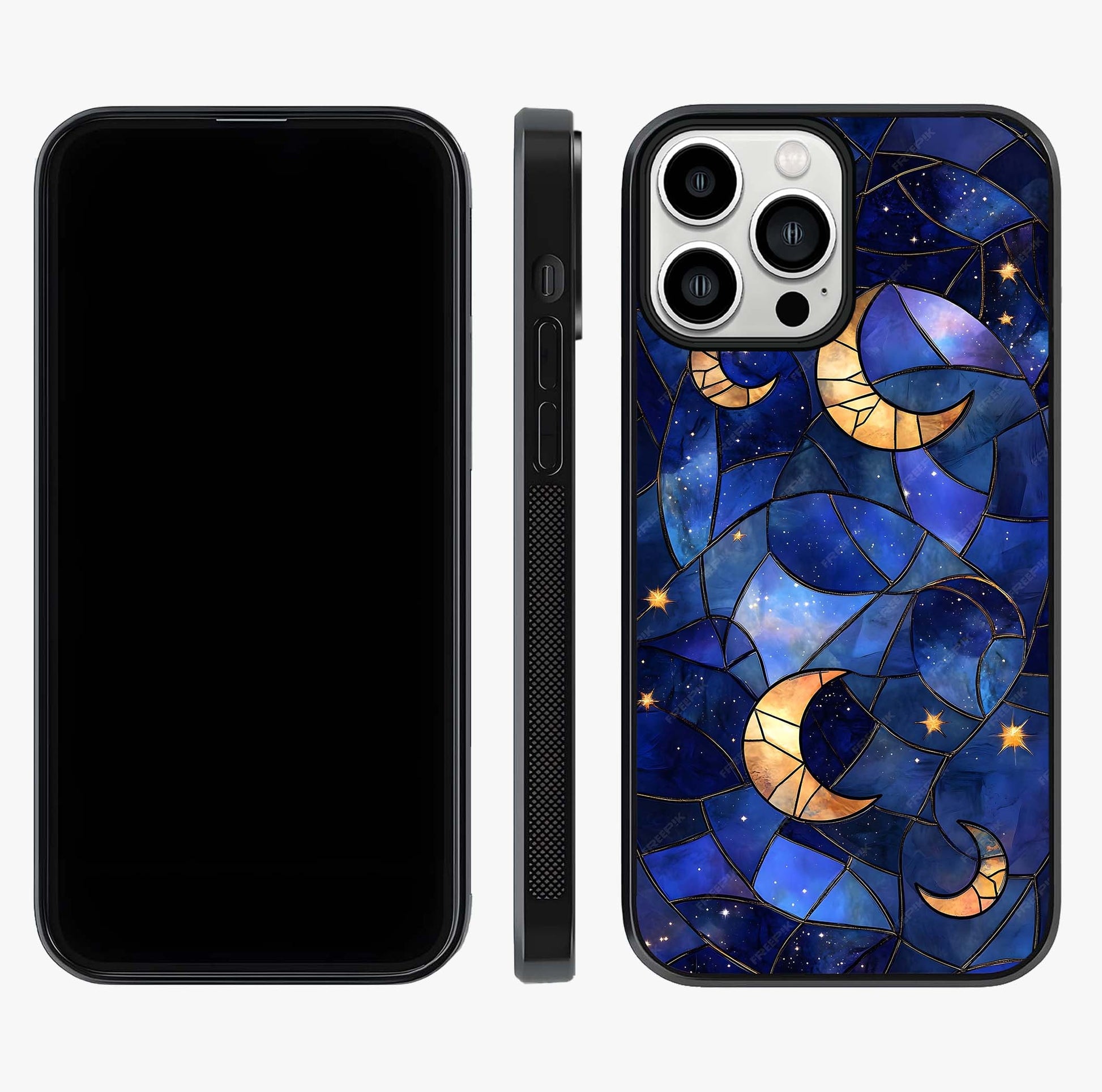 Starlit Sky Tapestry Glass Case displayed upright for full design visibility and premium finish.
