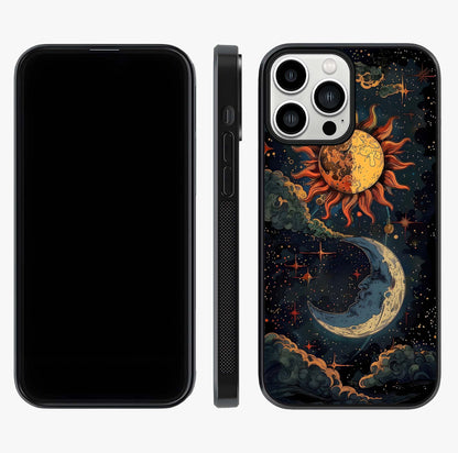 Sun And Moon Magic Design Glass Case displayed upright for full design visibility and premium finish.
