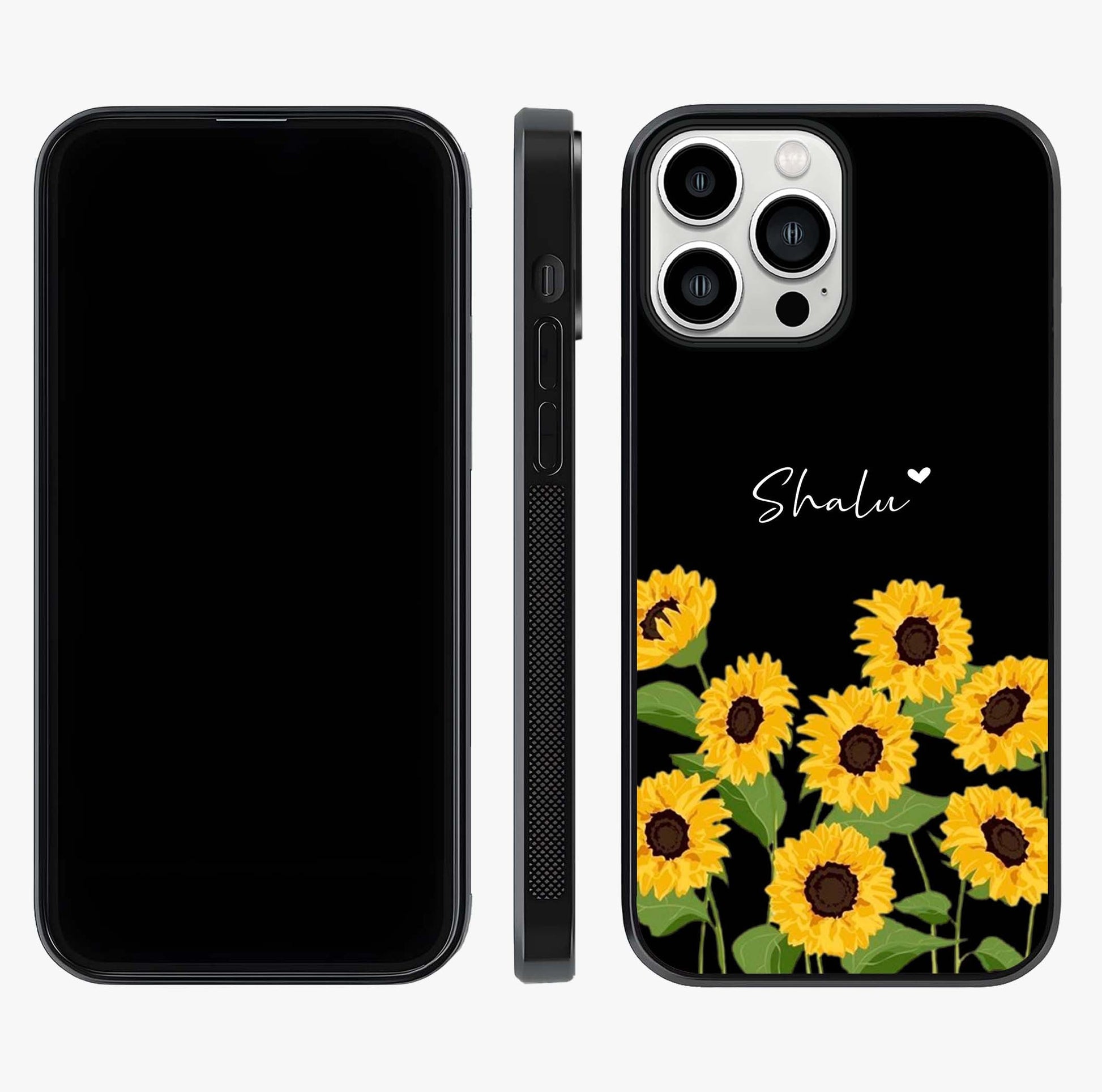 Sunflower Chic Mood Custom Name Glass Case displayed upright for full design visibility and premium finish.