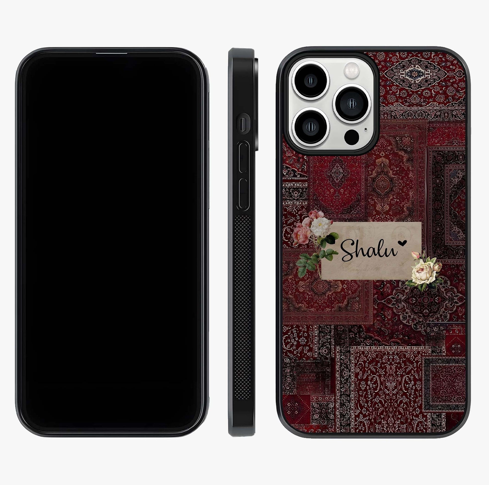 Velvet Wine Pattern Custom Name Glass Case displayed upright for full design visibility and premium finish.