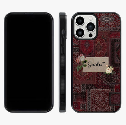 Velvet Wine Pattern Custom Name Glass Case displayed upright for full design visibility and premium finish.
