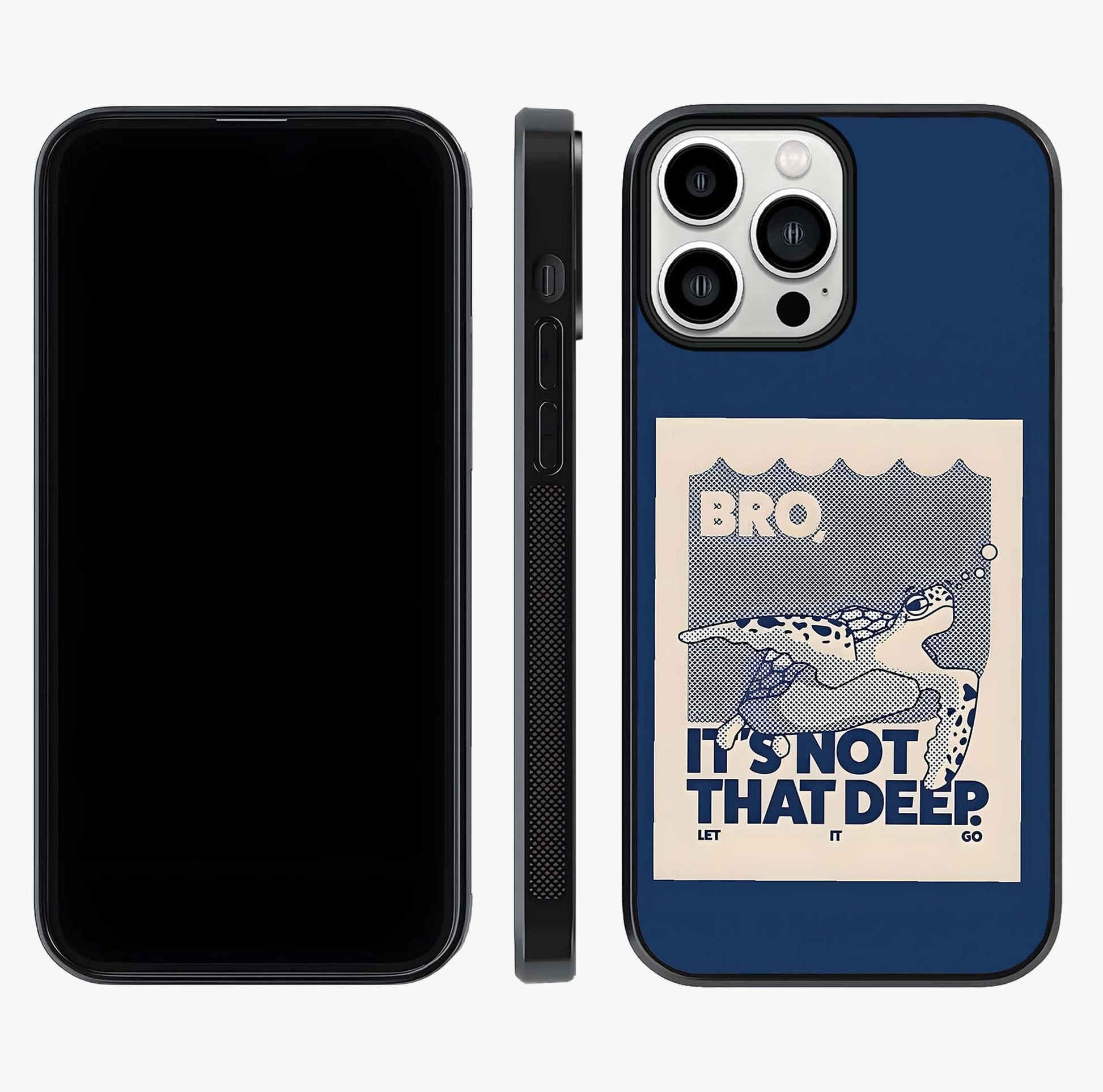 Worry Less Swim Glass Case displayed upright for full design visibility and premium finish.
